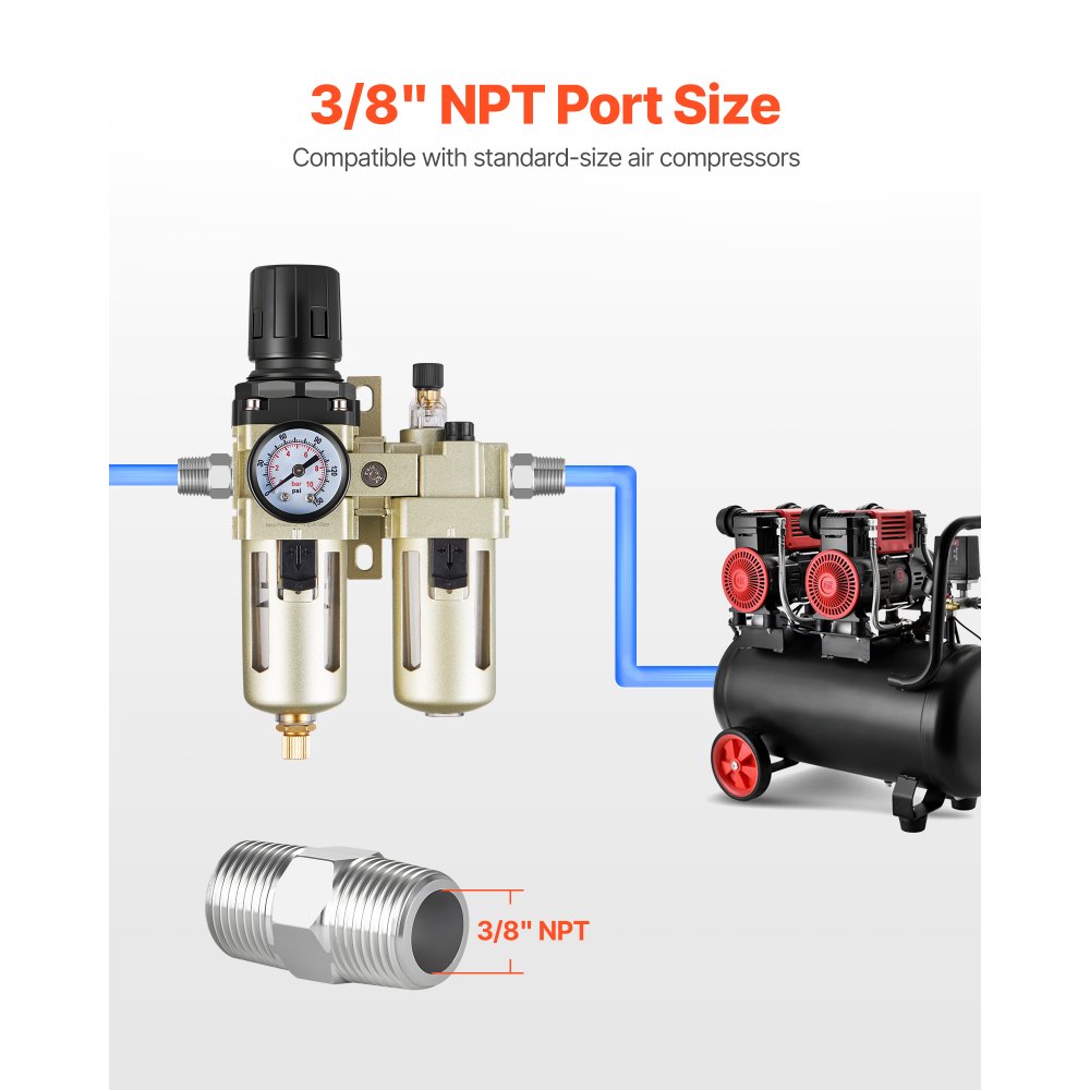 Lubricador regulador de filtro para compresor de aire VEVOR (FRL), separador de agua para compresor de aire de 3/8" NPT, sistema de secado de aire con drenaje semiautomático con elemento filtrante de latón de 5 μm, presión máxima de trabajo de 145 PSI, recipiente de polietileno.