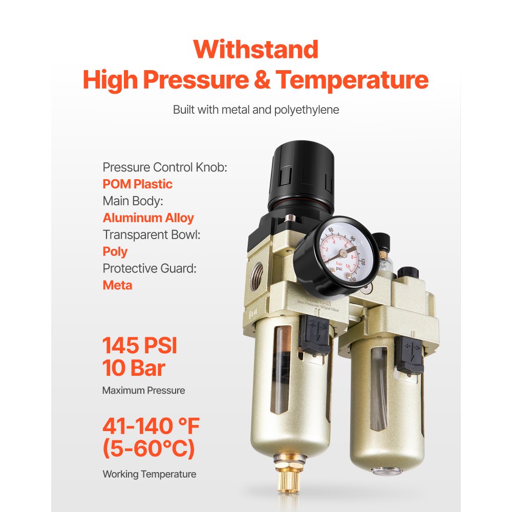 VEVOR Air Compressor Filter Regulator Lubricator (FRL), 3/8" NPT Air Compressor Water Separator, Semi-Auto Drain Air-Drying System with 5μm Brass Filter Element, 145PSI Max Working Pressure, Poly Bowl