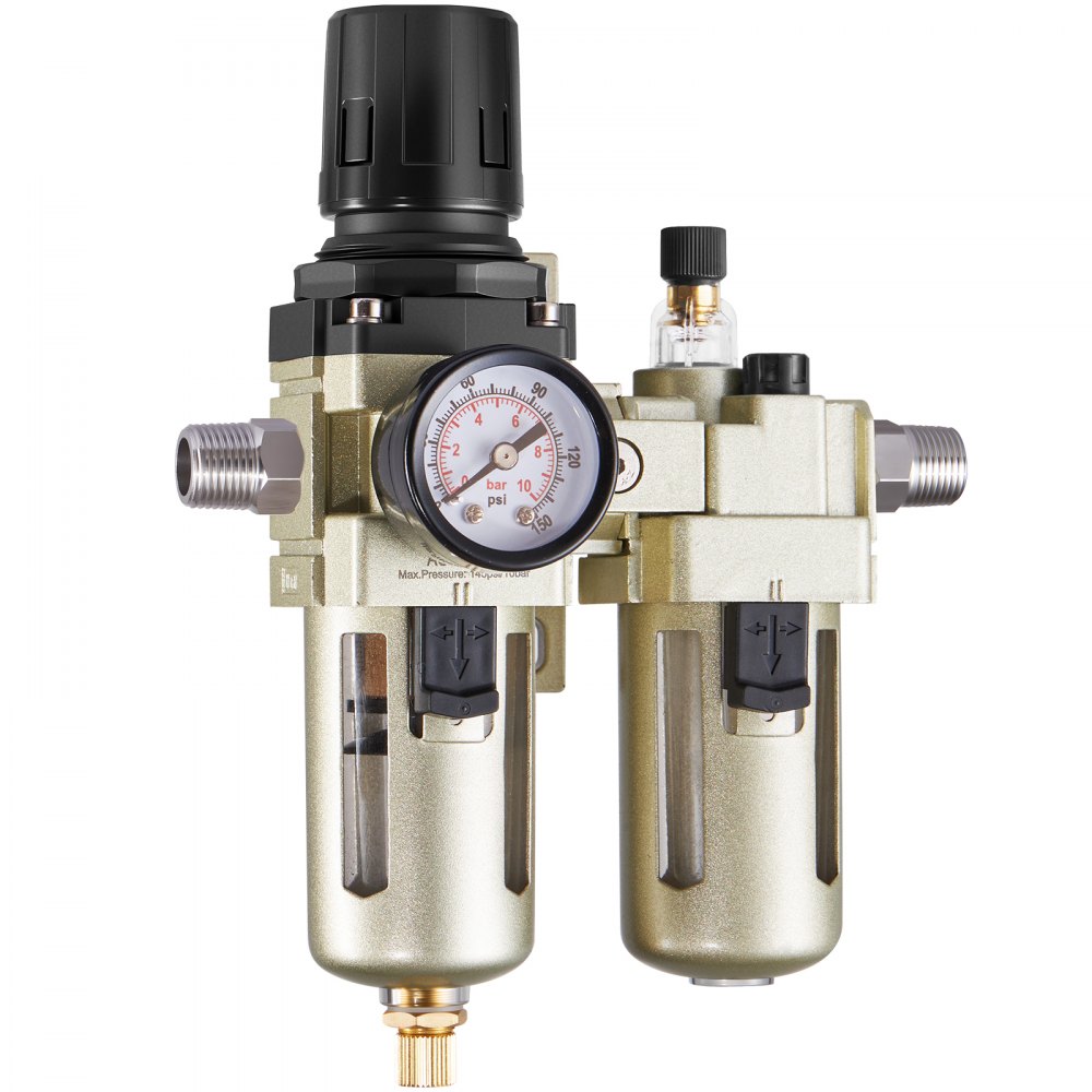 VEVOR Air Compressor Filter Regulator Lubricator (FRL), 3/8" NPT Air Compressor Water Separator, Semi-Auto Drain Air-Drying System with 5μm Brass Filter Element, 145PSI Max Working Pressure, Poly Bowl