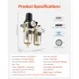 VEVOR Air Compressor Filter Regulator Lubricator (FRL), 3/8" NPT Air Compressor Water Separator, Semi-Auto Drain Air-Drying System with 5μm Brass Filter Element, 145PSI Max Working Pressure, Poly Bowl