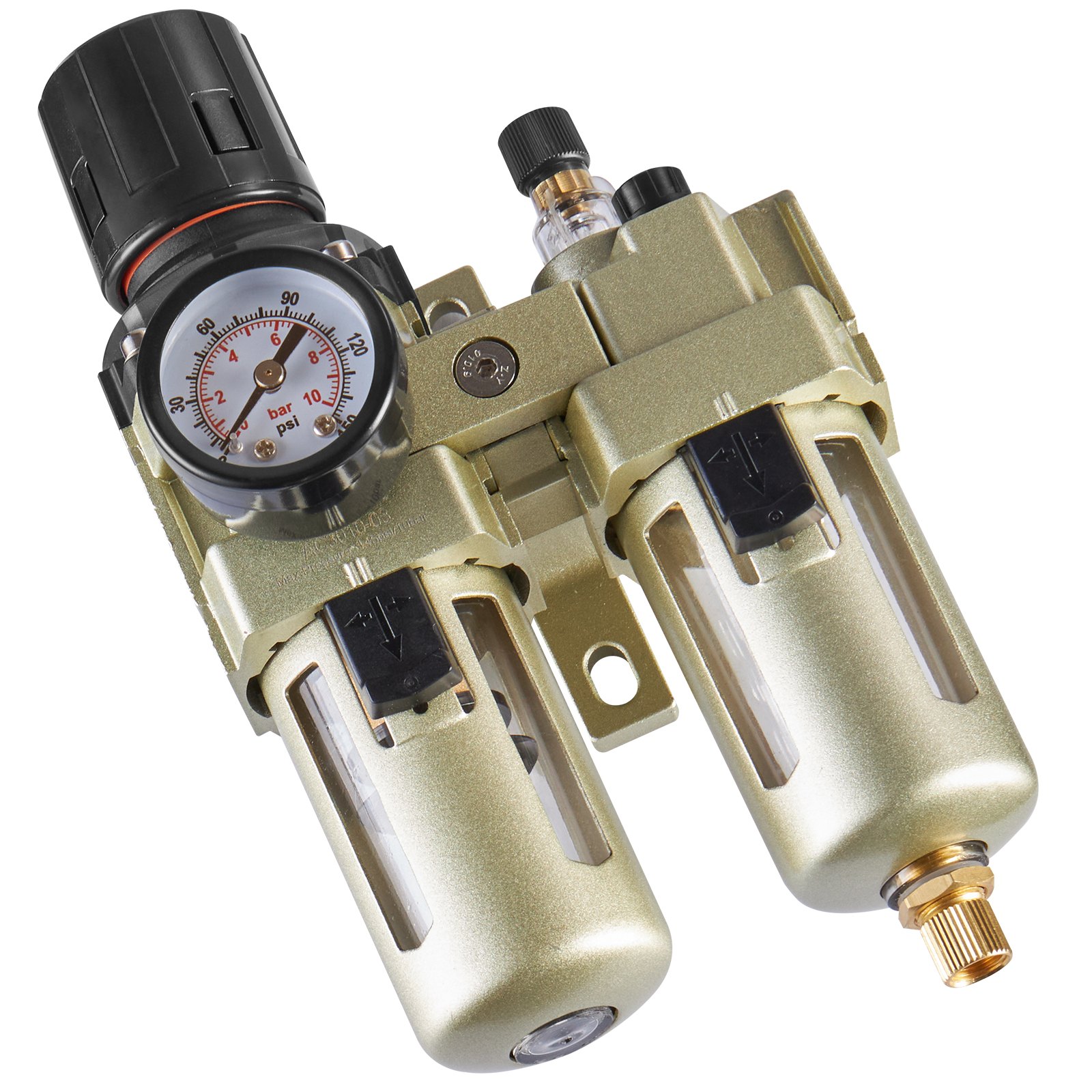 Lubricador regulador de filtro para compresor de aire VEVOR (FRL), separador de agua para compresor de aire de 3/8" NPT, sistema de secado de aire con drenaje semiautomático con elemento filtrante de latón de 5 μm, presión máxima de trabajo de 145 PSI, recipiente de polietileno.