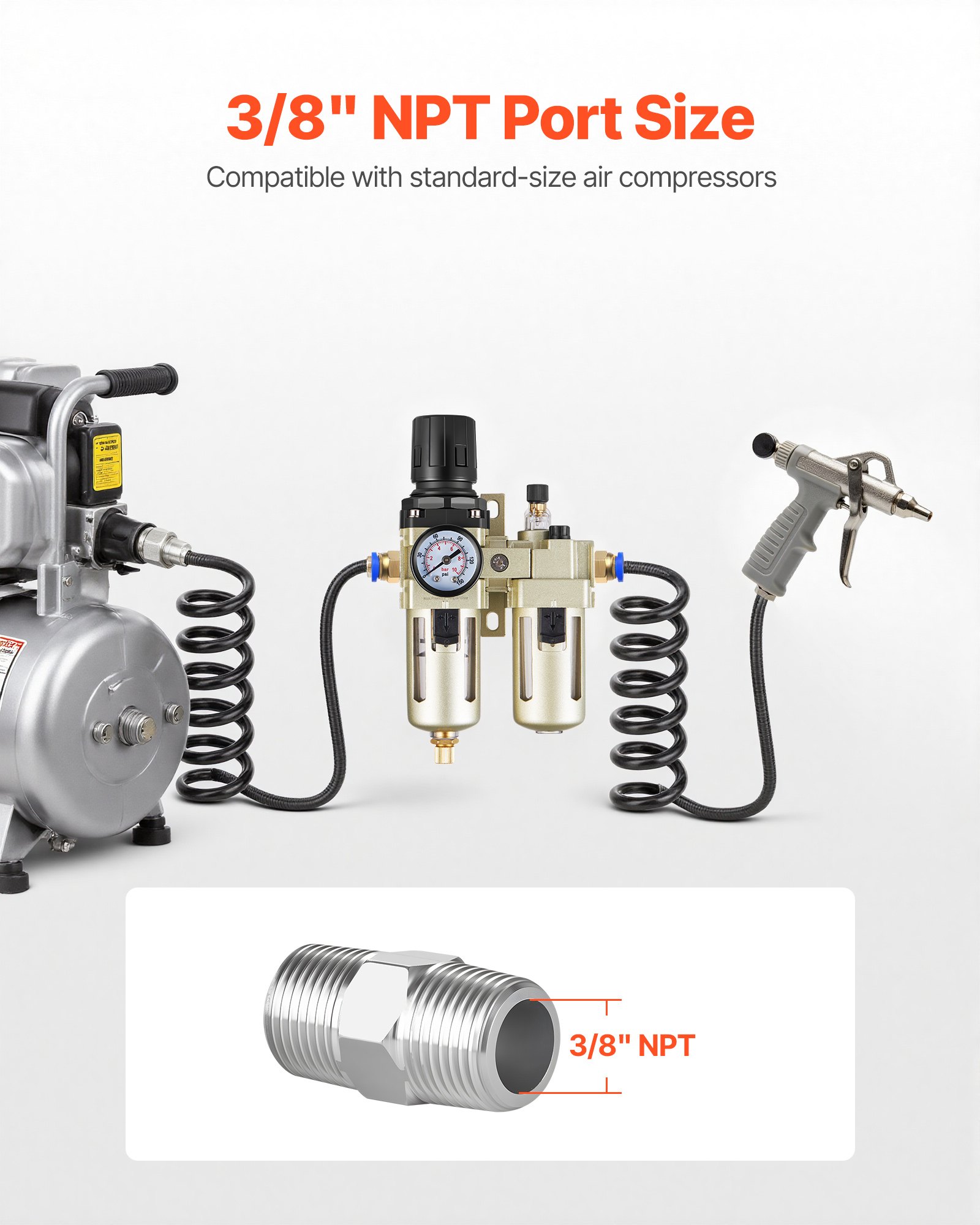 VEVOR Air Compressor Filter Regulator Lubricator (FRL), 3/8" NPT Air Compressor Water Separator, Semi-Auto Drain Air-Drying System with 5μm Brass Filter Element, 145PSI Max Working Pressure, Poly Bowl