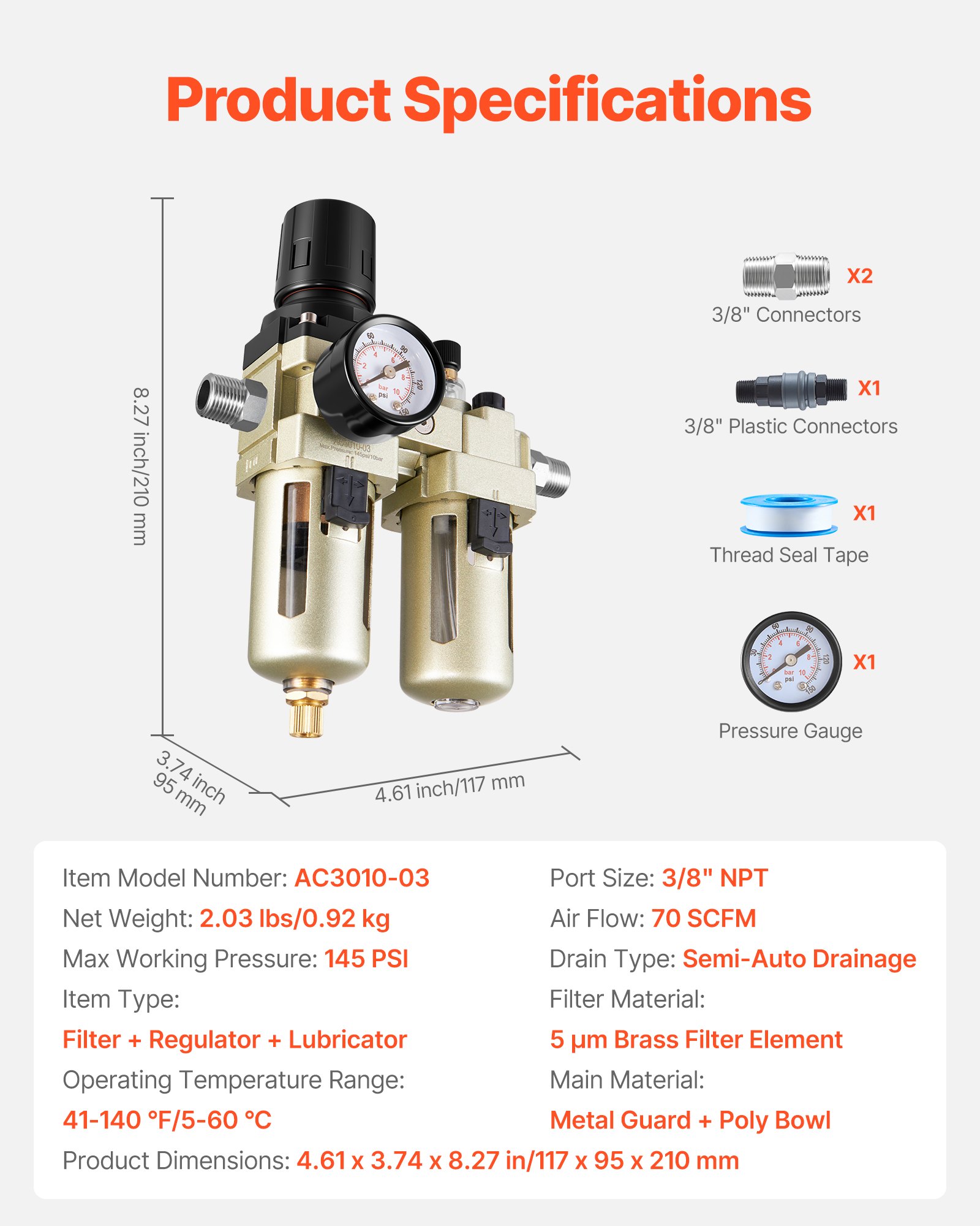 VEVOR Air Compressor Filter Regulator Lubricator (FRL), 3/8" NPT Air Compressor Water Separator, Semi-Auto Drain Air-Drying System with 5μm Brass Filter Element, 145PSI Max Working Pressure, Poly Bowl
