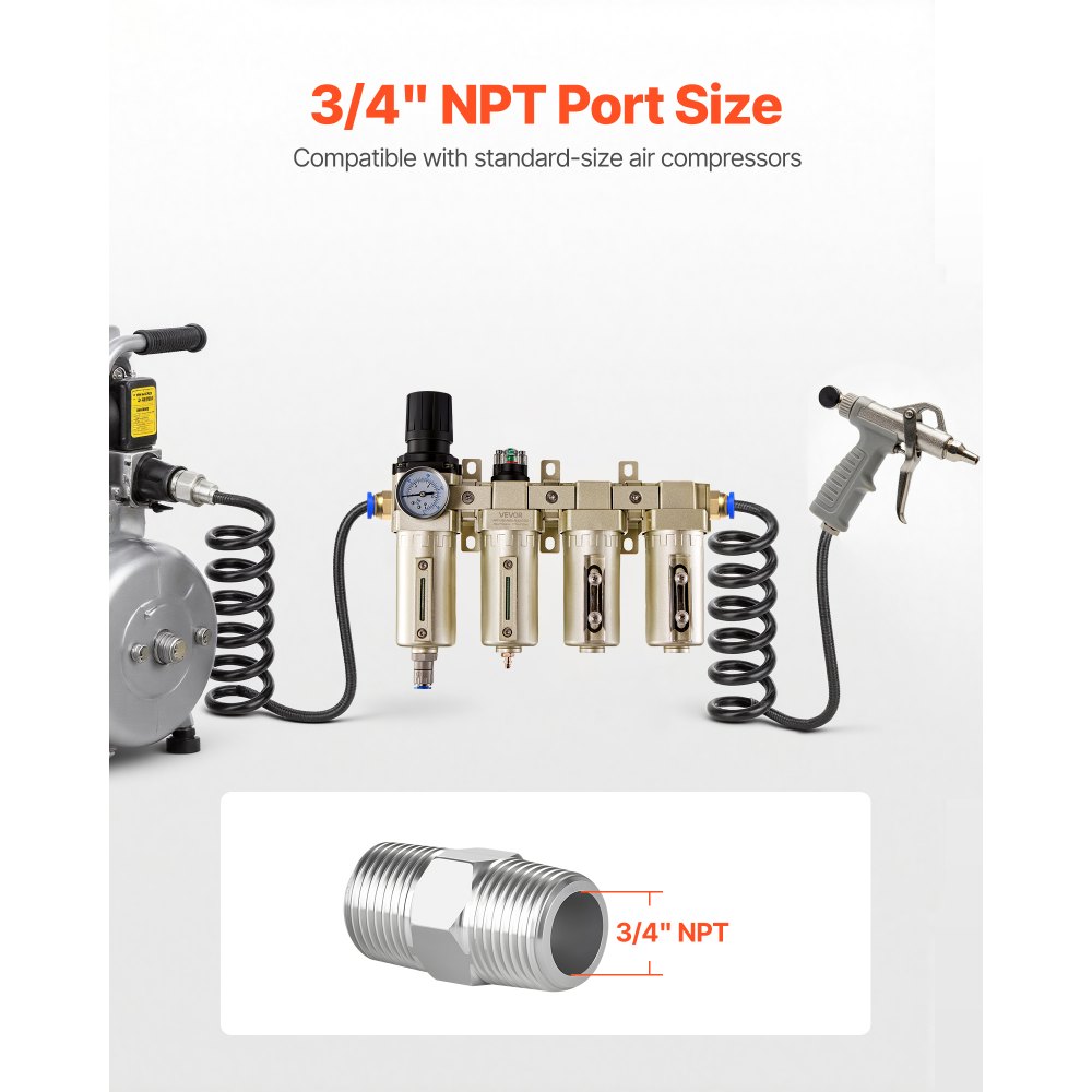 VEVOR Regulador de Filtro para Compresor de Aire, 3/4" NPT, 4 Etapas, 5 μm, 0,3 μm, 0,1 μm y 0,1 μm. Sistema de Secado de Aire con Filtros de Micras y Secador Desecante Doble, Drenaje Automático