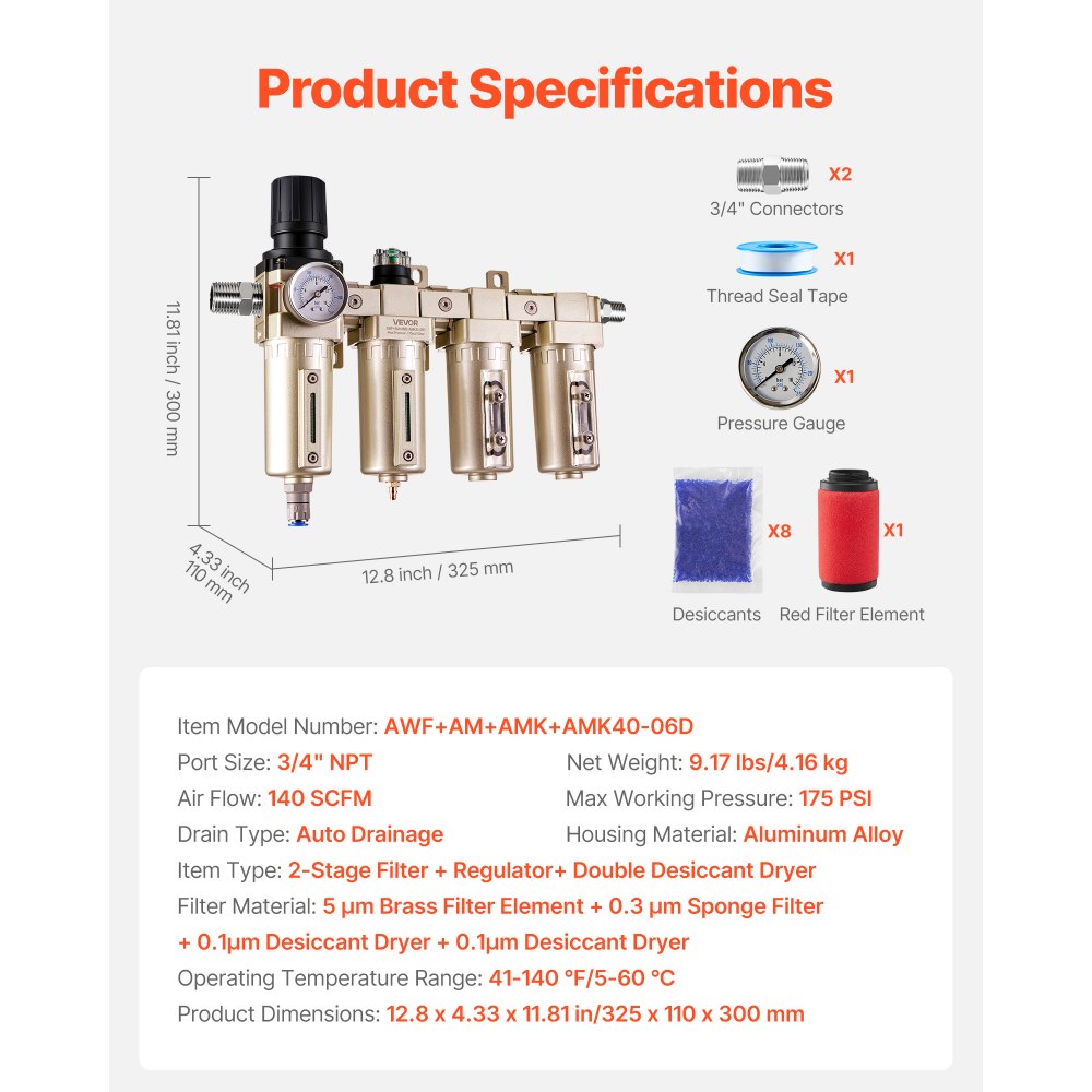 VEVOR Regulador de Filtro para Compresor de Aire, 3/4" NPT, 4 Etapas, 5 μm, 0,3 μm, 0,1 μm y 0,1 μm. Sistema de Secado de Aire con Filtros de Micras y Secador Desecante Doble, Drenaje Automático
