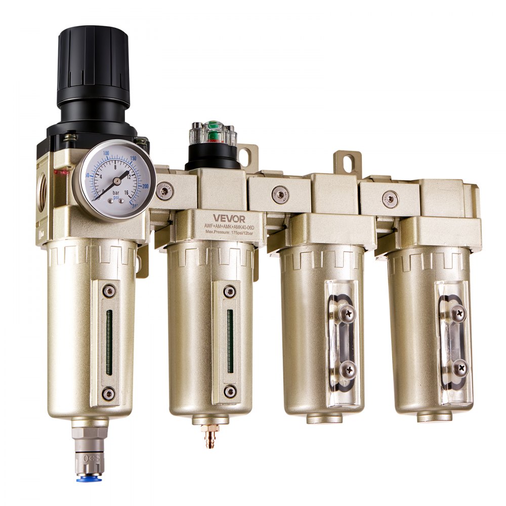 VEVOR Regulador de Filtro para Compresor de Aire, 3/4" NPT, 4 Etapas, 5 μm, 0,3 μm, 0,1 μm y 0,1 μm. Sistema de Secado de Aire con Filtros de Micras y Secador Desecante Doble, Drenaje Automático
