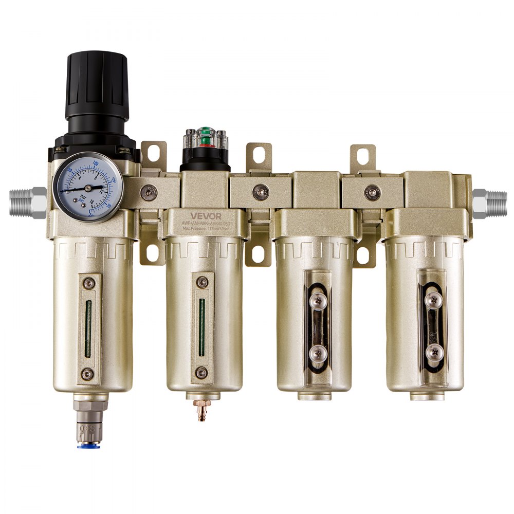 VEVOR Regulador de Filtro para Compresor de Aire, 3/4" NPT, 4 Etapas, 5 μm, 0,3 μm, 0,1 μm y 0,1 μm. Sistema de Secado de Aire con Filtros de Micras y Secador Desecante Doble, Drenaje Automático