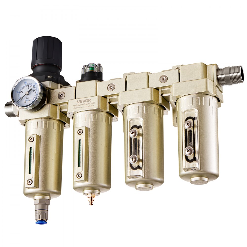 VEVOR Regulador de Filtro para Compresor de Aire, 3/4" NPT, 4 Etapas, 5 μm, 0,3 μm, 0,1 μm y 0,1 μm. Sistema de Secado de Aire con Filtros de Micras y Secador Desecante Doble, Drenaje Automático