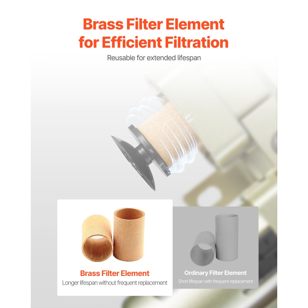 Regulador de filtro para compresor de aire VEVOR, sistema de secado de aire de doble etapa NPT de 3/8" con elemento filtrante de latón de 25 μm + 5 μm, separador de agua para compresor de aire con drenaje semiautomático, presión máxima de trabajo de 145 PSI, recipiente de polietileno.