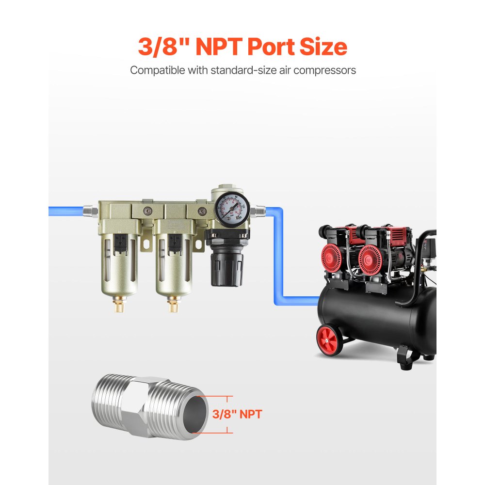 Regulador de filtro para compresor de aire VEVOR, sistema de secado de aire de doble etapa NPT de 3/8" con elemento filtrante de latón de 25 μm + 5 μm, separador de agua para compresor de aire con drenaje semiautomático, presión máxima de trabajo de 145 PSI, recipiente de polietileno.