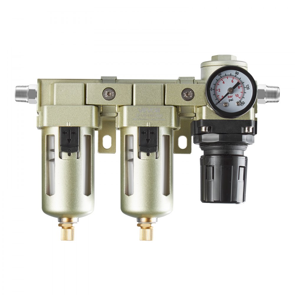 Regulador de filtro para compresor de aire VEVOR, sistema de secado de aire de doble etapa NPT de 3/8" con elemento filtrante de latón de 25 μm + 5 μm, separador de agua para compresor de aire con drenaje semiautomático, presión máxima de trabajo de 145 PSI, recipiente de polietileno.