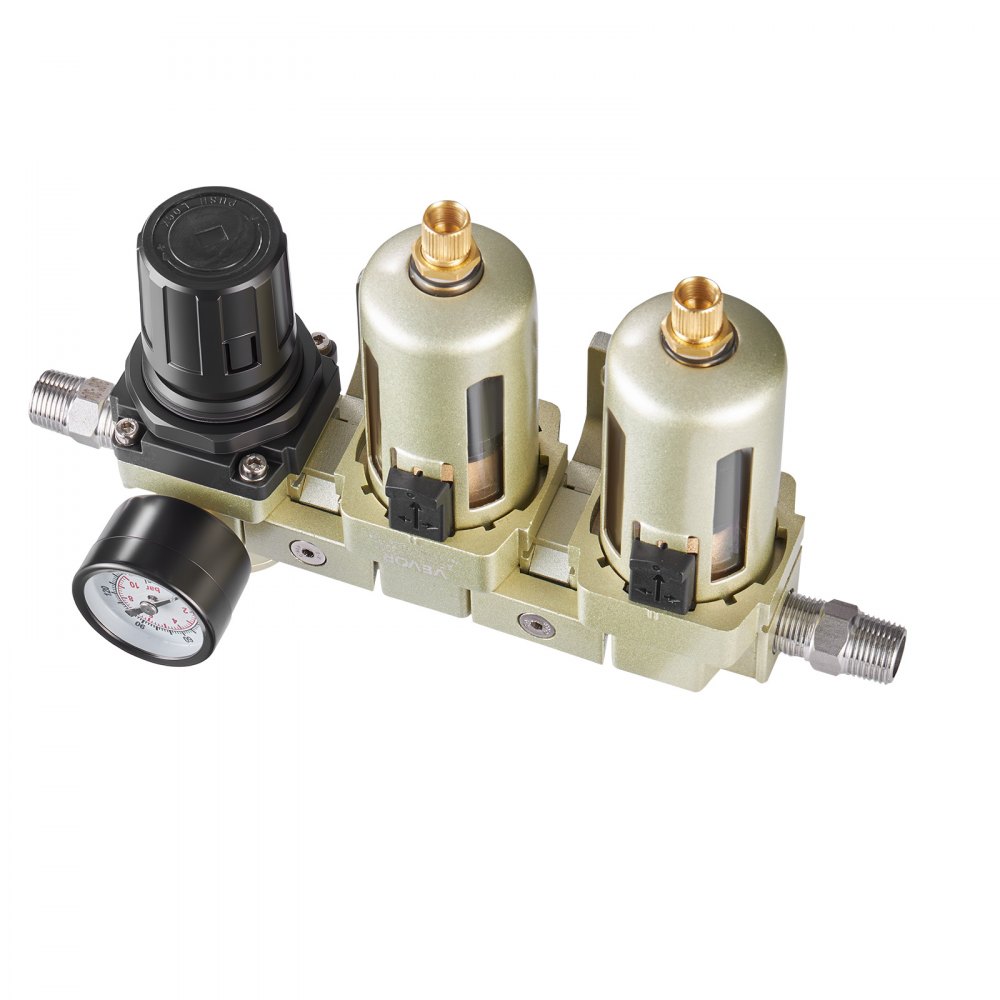Regulador de filtro para compresor de aire VEVOR, sistema de secado de aire de doble etapa NPT de 3/8" con elemento filtrante de latón de 25 μm + 5 μm, separador de agua para compresor de aire con drenaje semiautomático, presión máxima de trabajo de 145 PSI, recipiente de polietileno.
