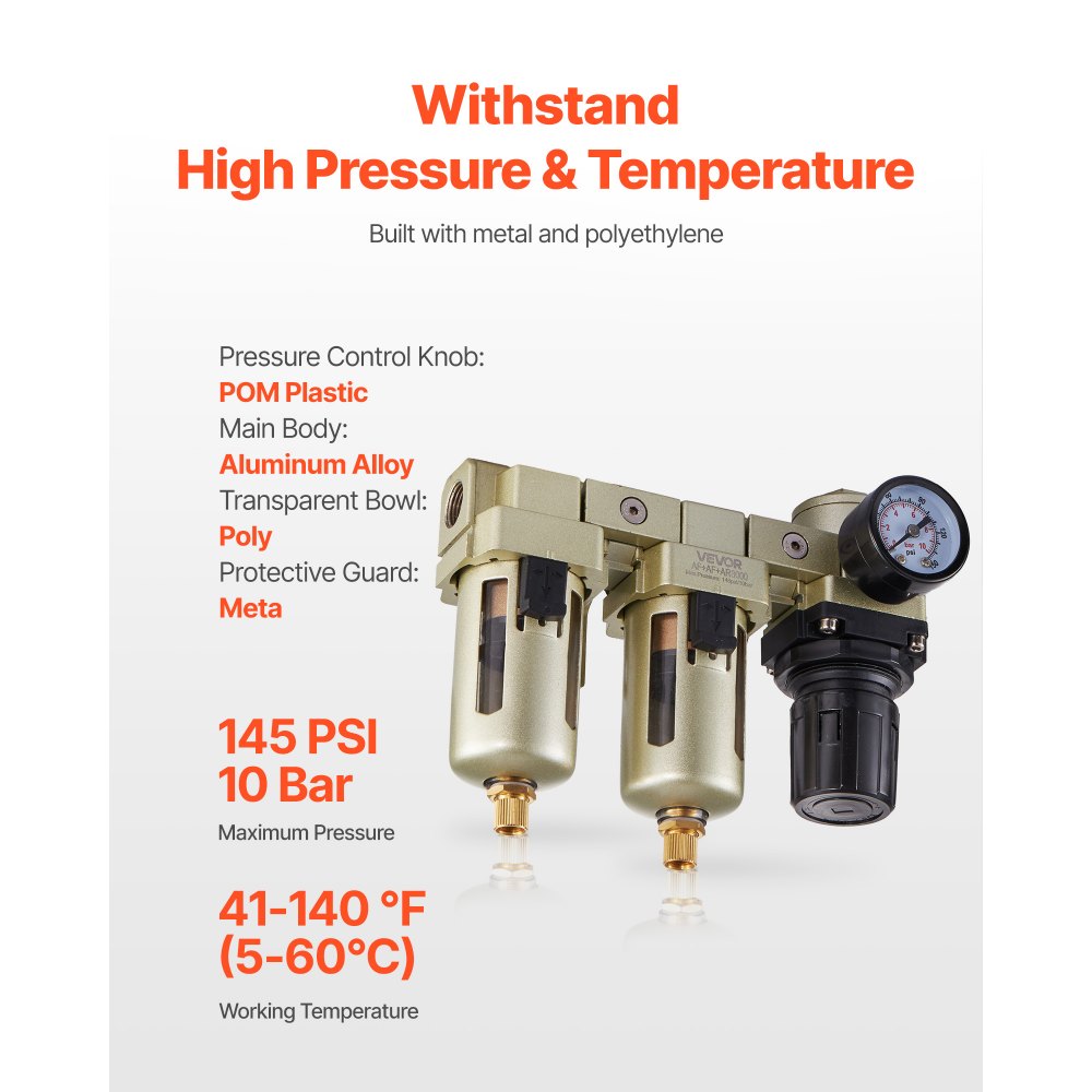 Regulador de filtro para compresor de aire VEVOR, sistema de secado de aire de doble etapa NPT de 3/8" con elemento filtrante de latón de 25 μm + 5 μm, separador de agua para compresor de aire con drenaje semiautomático, presión máxima de trabajo de 145 PSI, recipiente de polietileno.