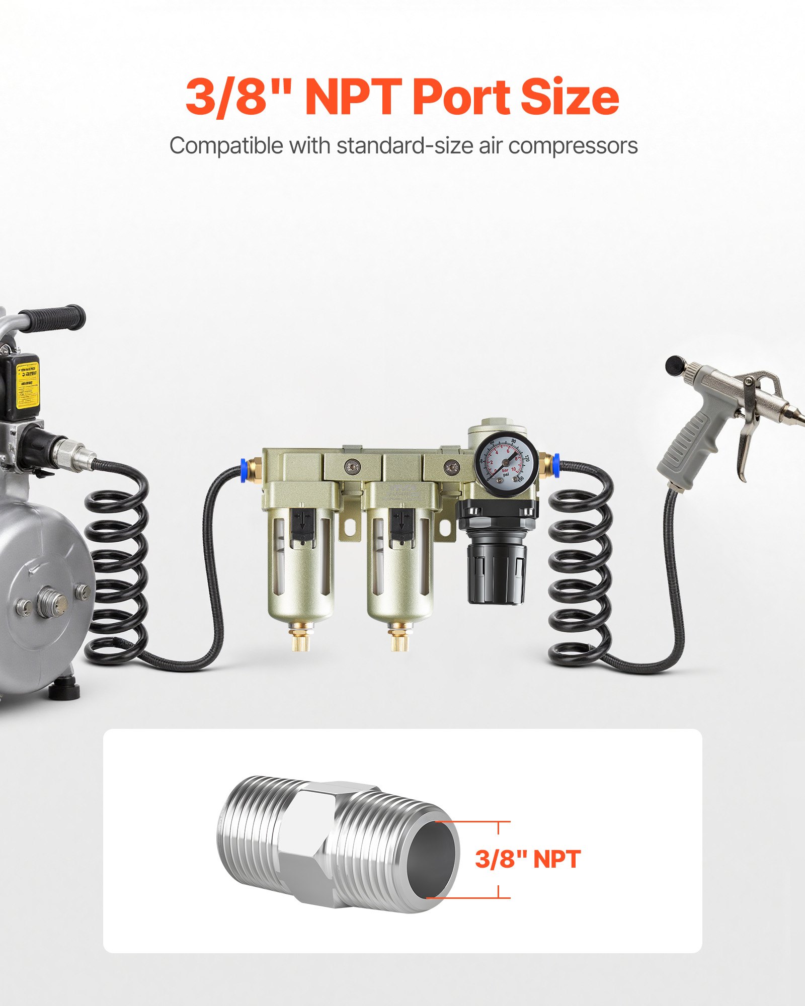 Regulador de filtro para compresor de aire VEVOR, sistema de secado de aire de doble etapa NPT de 3/8" con elemento filtrante de latón de 25 μm + 5 μm, separador de agua para compresor de aire con drenaje semiautomático, presión máxima de trabajo de 145 PSI, recipiente de polietileno.