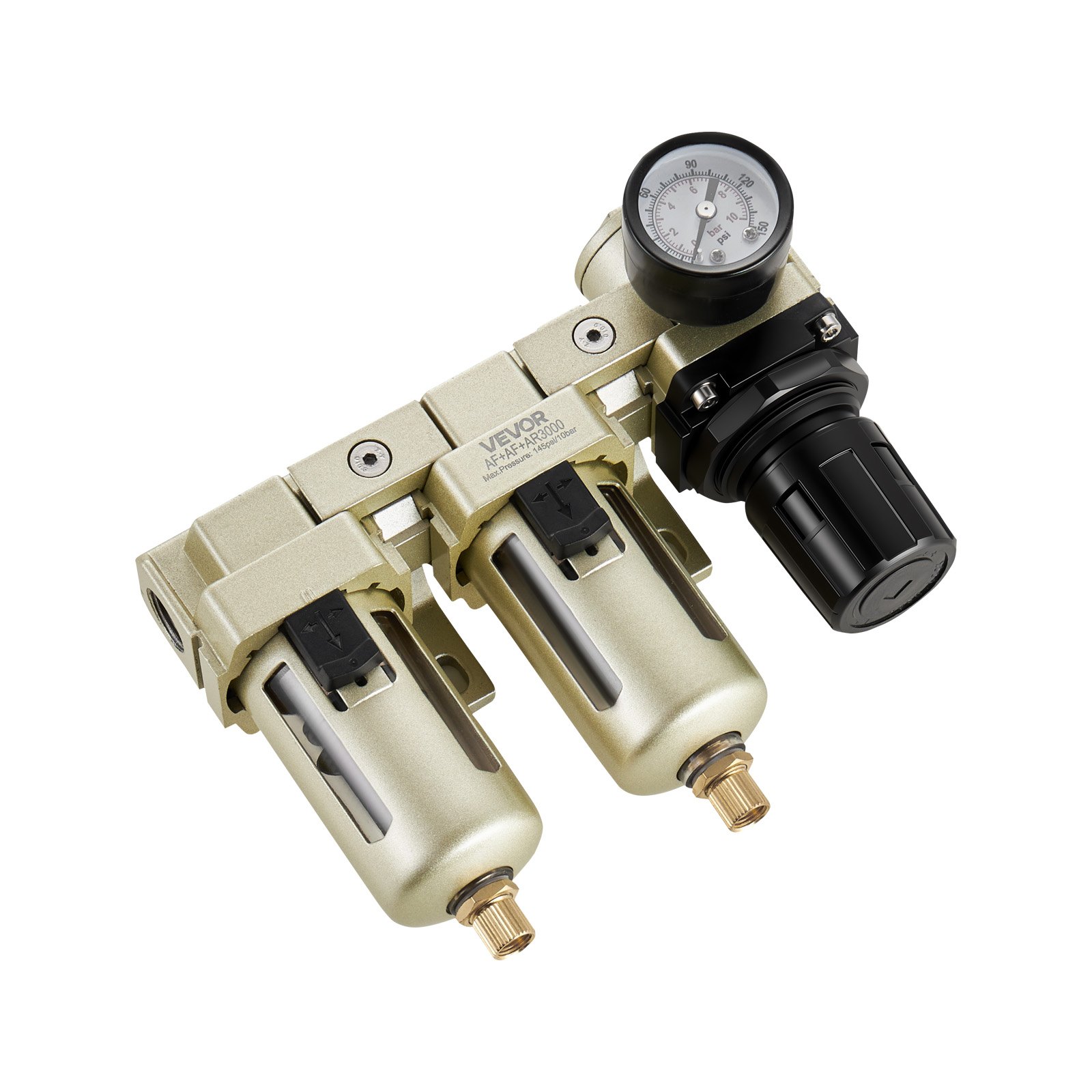 Regulador de filtro para compresor de aire VEVOR, sistema de secado de aire de doble etapa NPT de 3/8" con elemento filtrante de latón de 25 μm + 5 μm, separador de agua para compresor de aire con drenaje semiautomático, presión máxima de trabajo de 145 PSI, recipiente de polietileno.
