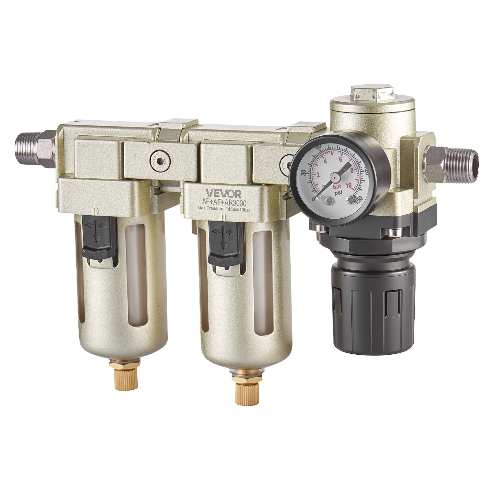 Regulador de filtro para compresor de aire VEVOR, sistema de secado de aire de doble etapa NPT de 3/8" con elemento filtrante de latón de 25 μm + 5 μm, separador de agua para compresor de aire con drenaje semiautomático, presión máxima de trabajo de 145 PSI, recipiente de polietileno.