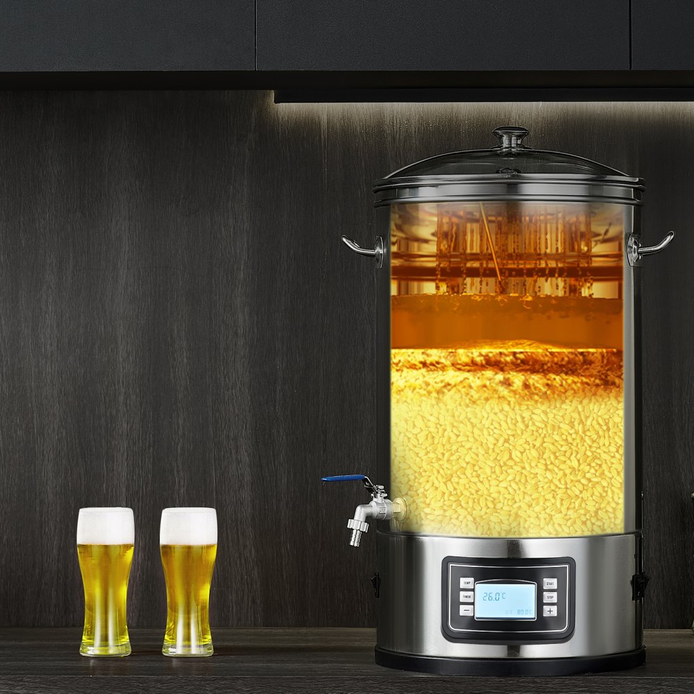 Sistema de elaboración de cerveza eléctrico VEVOR, olla de 8 galones, cervecera casera todo en uno, suministros de acero inoxidable 304 con panel, incluye tapa de vidrio, asa, grifo y panel de control electrónico.