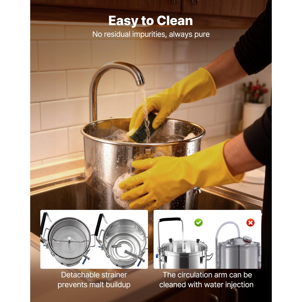 Sistema de elaboración de cerveza eléctrico VEVOR, olla de 35 L/9,2 galones, máquina para hacer cerveza casera todo en uno con bomba, dispositivo para hervir puré con panel, modo automático/manual, potencia de 100-1800 W, temperatura de 25-100 °C, temporizador de 1-180 min, memoria de recetas.