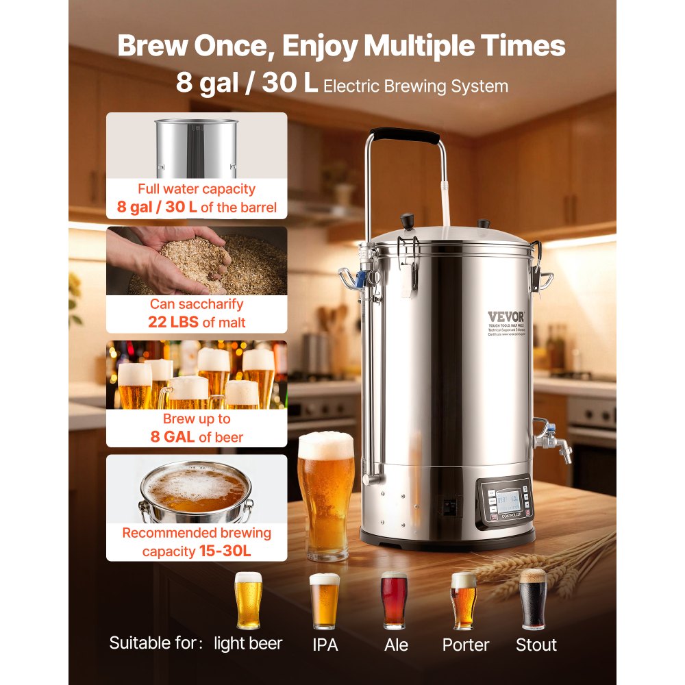 Sistema de elaboración de cerveza eléctrico VEVOR, capacidad de 30 L (8 galones), máquina de cerveza doméstica todo en uno con bomba, dispositivo de maceración y ebullición con panel, modo automático/manual, potencia de 100-1800 W, temperatura de 25-100 ℃, temporizador de 1-180 min, memoria de recetas.