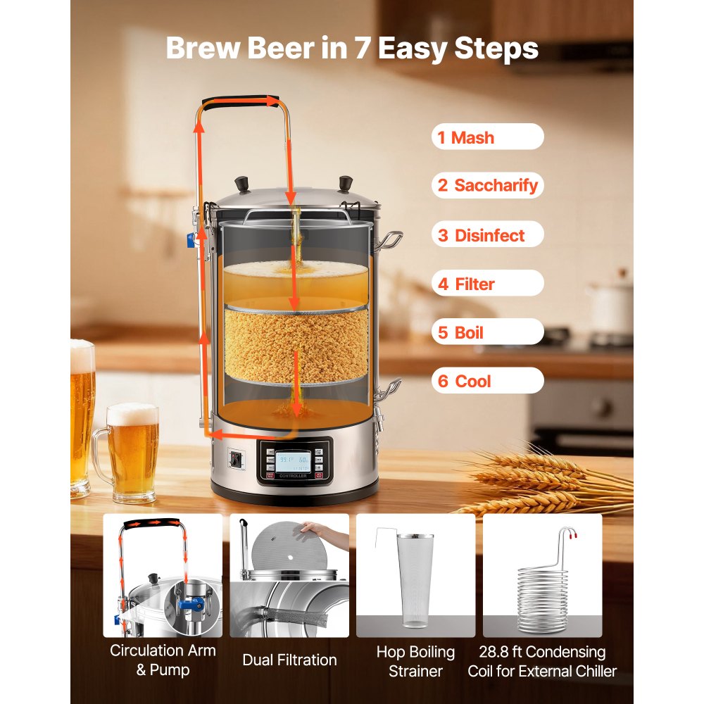 Sistema de elaboración de cerveza eléctrico VEVOR, capacidad de 30 L (8 galones), máquina de cerveza doméstica todo en uno con bomba, dispositivo de maceración y ebullición con panel, modo automático/manual, potencia de 100-1800 W, temperatura de 25-100 ℃, temporizador de 1-180 min, memoria de recetas.
