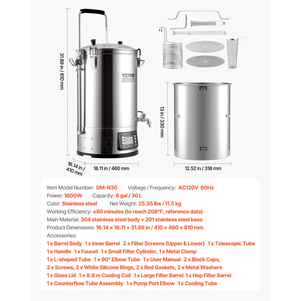 Sistema de elaboración de cerveza eléctrico VEVOR, capacidad de 30 L (8 galones), máquina de cerveza doméstica todo en uno con bomba, dispositivo de maceración y ebullición con panel, modo automático/manual, potencia de 100-1800 W, temperatura de 25-100 ℃, temporizador de 1-180 min, memoria de recetas.