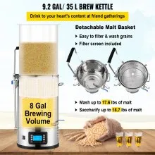 Sistema de elaboración de cerveza eléctrica VEVOR, olla de elaboración de 35 L/9,2 galones, cafetera de cerveza doméstica todo en uno con bomba, dispositivo de hervido de puré con panel, modo automático/manual 100-1800 W Potencia 25-100 ℃ Temp Temporizador de 1-180 min Memoria de recetas