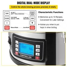 Sistema de elaboración de cerveza eléctrica VEVOR, olla de elaboración de 35 L/9,2 galones, cafetera de cerveza doméstica todo en uno con bomba, dispositivo de hervido de puré con panel, modo automático/manual 100-1800 W Potencia 25-100 ℃ Temp Temporizador de 1-180 min Memoria de recetas