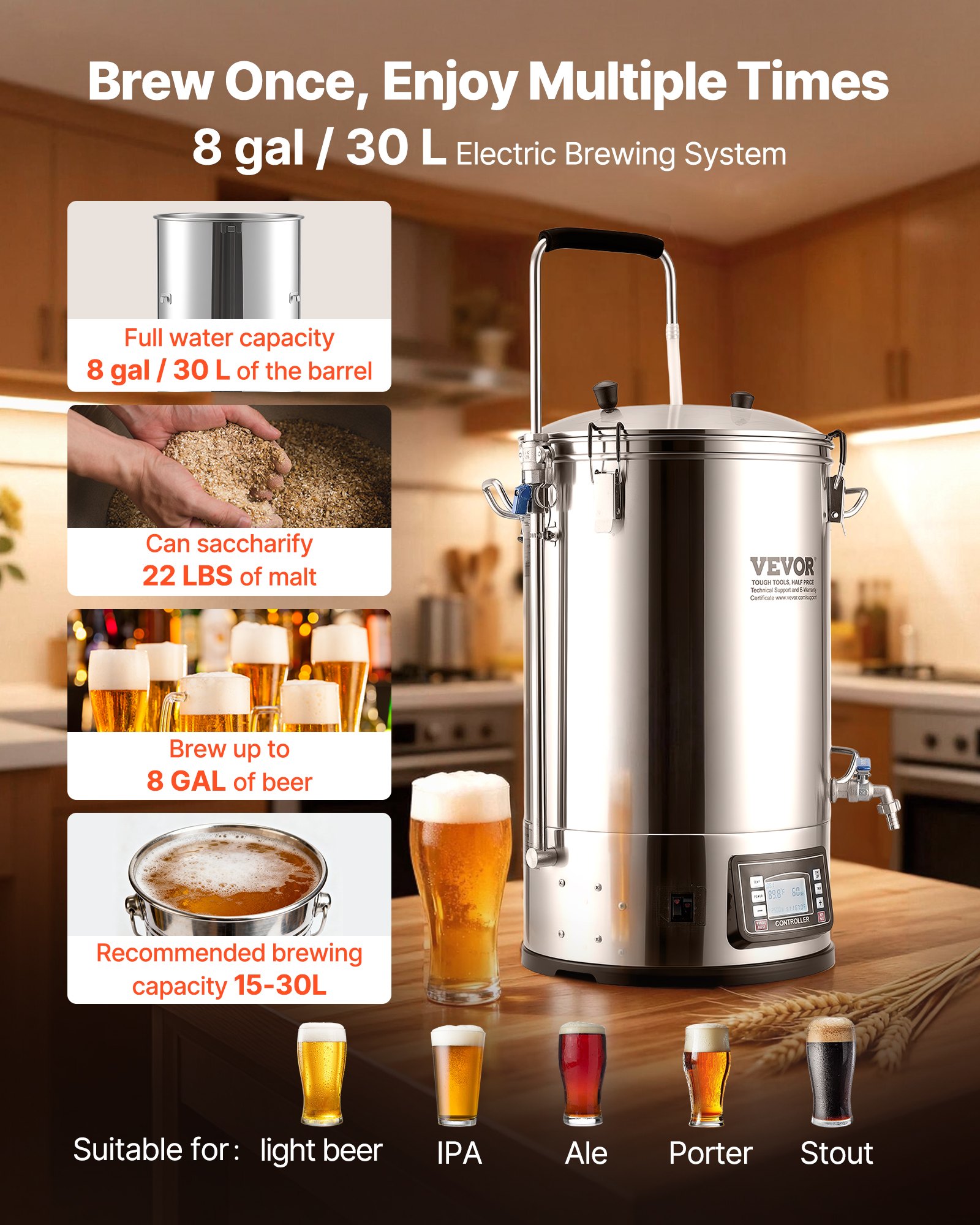 Sistema de elaboración de cerveza eléctrico VEVOR, olla de 35 L/9,2 galones, máquina para hacer cerveza casera todo en uno con bomba, dispositivo para hervir puré con panel, modo automático/manual, potencia de 100-1800 W, temperatura de 25-100 °C, temporizador de 1-180 min, memoria de recetas.