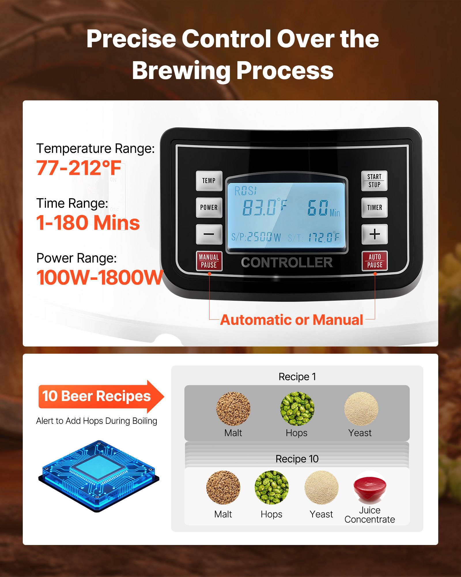 Sistema de elaboración de cerveza eléctrico VEVOR, olla de 35 L/9,2 galones, máquina para hacer cerveza casera todo en uno con bomba, dispositivo para hervir puré con panel, modo automático/manual, potencia de 100-1800 W, temperatura de 25-100 °C, temporizador de 1-180 min, memoria de recetas.