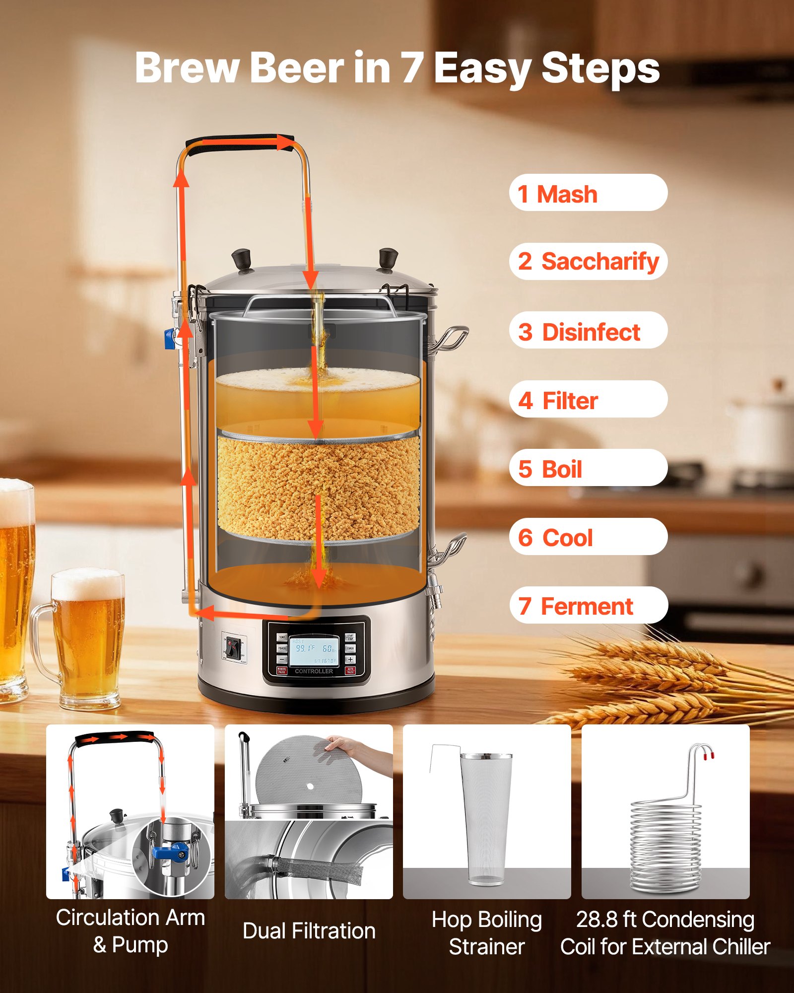 Sistema de elaboración de cerveza eléctrico VEVOR, olla de 35 L/9,2 galones, máquina para hacer cerveza casera todo en uno con bomba, dispositivo para hervir puré con panel, modo automático/manual, potencia de 100-1800 W, temperatura de 25-100 °C, temporizador de 1-180 min, memoria de recetas.