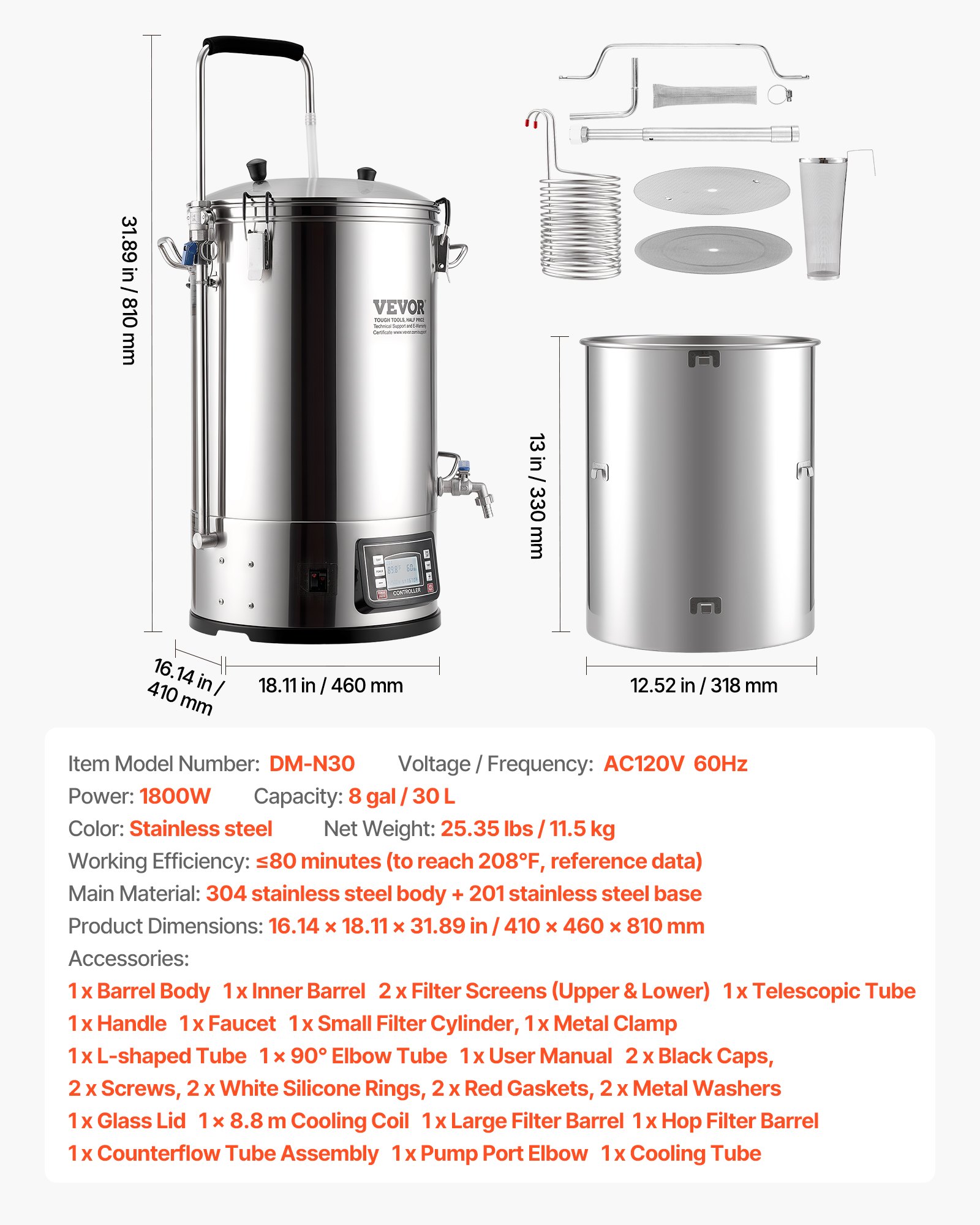 Sistema de elaboración de cerveza eléctrico VEVOR, olla de 35 L/9,2 galones, máquina para hacer cerveza casera todo en uno con bomba, dispositivo para hervir puré con panel, modo automático/manual, potencia de 100-1800 W, temperatura de 25-100 °C, temporizador de 1-180 min, memoria de recetas.