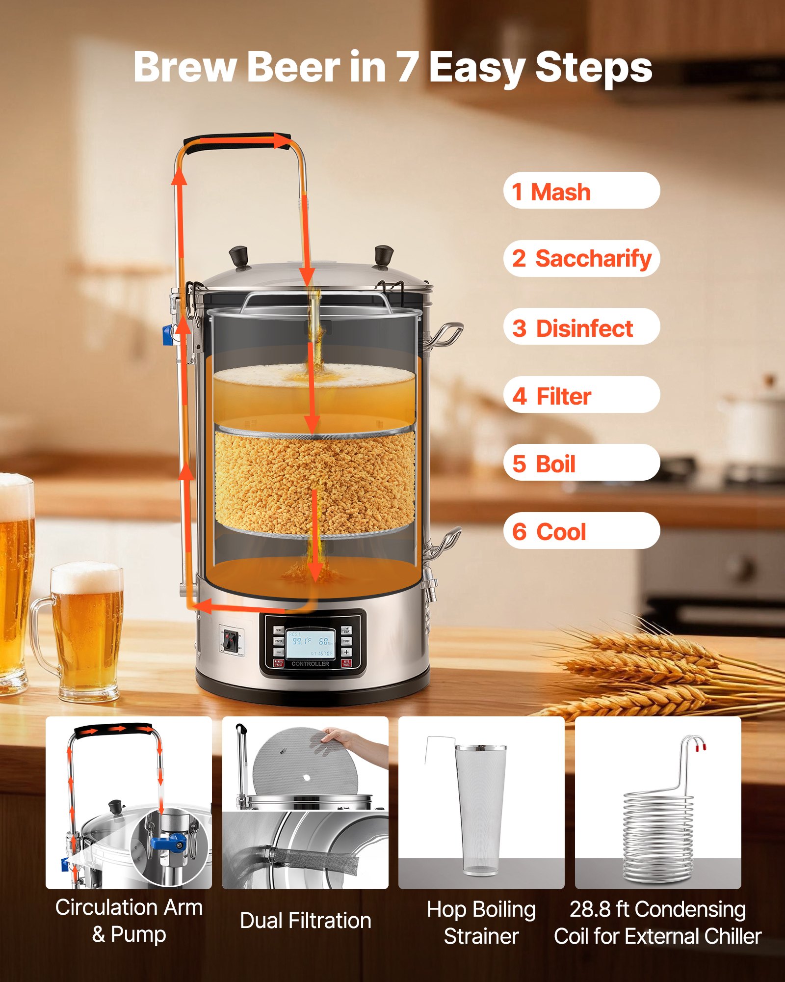 Sistema de elaboración de cerveza eléctrico VEVOR, capacidad de 30 L (8 galones), máquina de cerveza doméstica todo en uno con bomba, dispositivo de maceración y ebullición con panel, modo automático/manual, potencia de 100-1800 W, temperatura de 25-100 ℃, temporizador de 1-180 min, memoria de recetas.