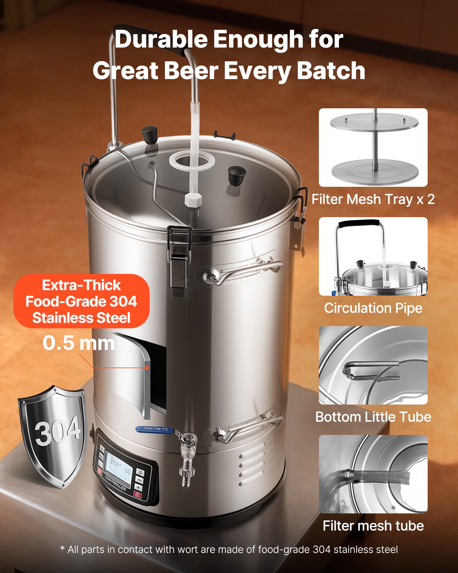 Sistema de elaboración de cerveza eléctrico VEVOR, capacidad de 30 L (8 galones), máquina de cerveza doméstica todo en uno con bomba, dispositivo de maceración y ebullición con panel, modo automático/manual, potencia de 100-1800 W, temperatura de 25-100 ℃, temporizador de 1-180 min, memoria de recetas.
