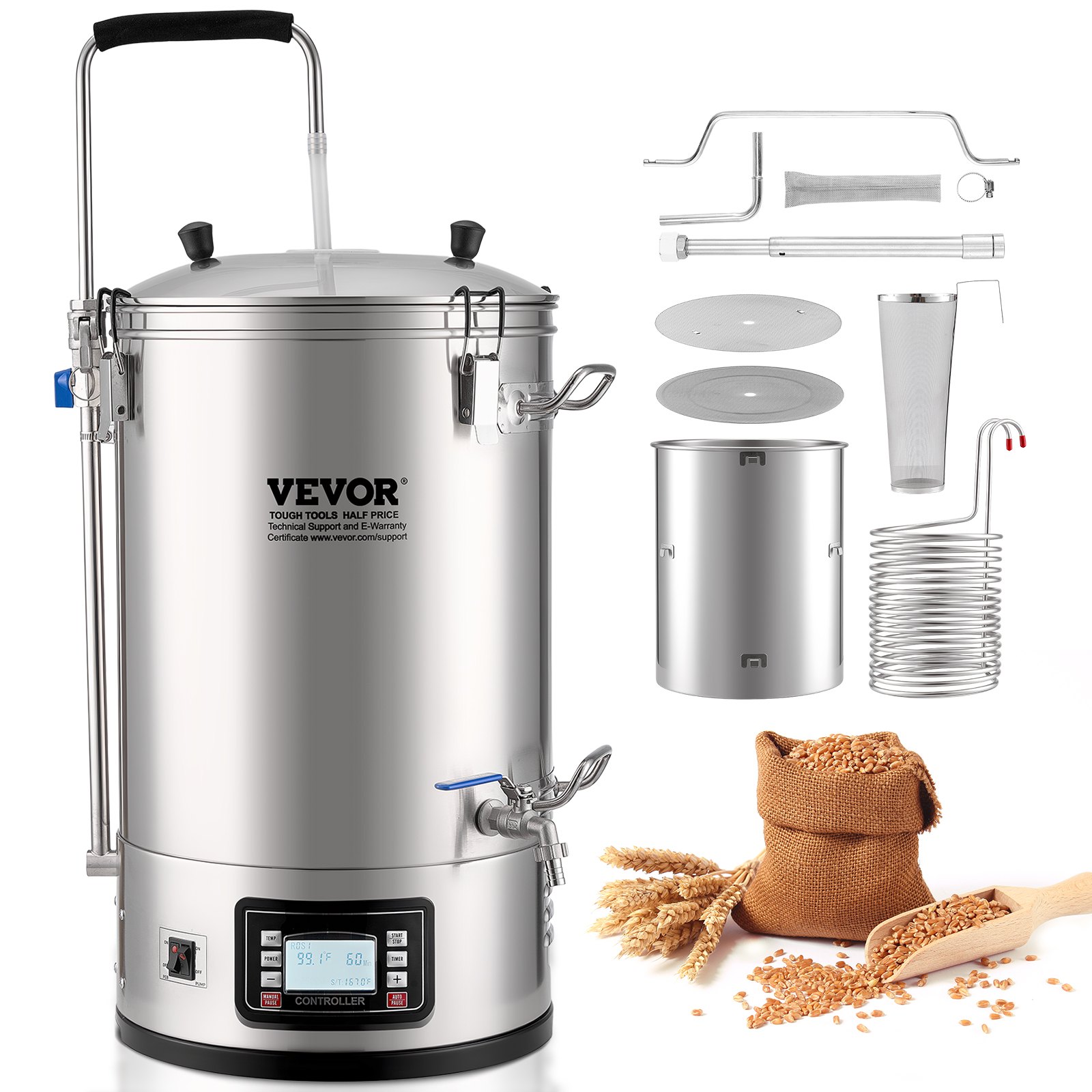 Sistema de elaboración de cerveza eléctrico VEVOR, capacidad de 30 L (8 galones), máquina de cerveza doméstica todo en uno con bomba, dispositivo de maceración y ebullición con panel, modo automático/manual, potencia de 100-1800 W, temperatura de 25-100 ℃, temporizador de 1-180 min, memoria de recetas.