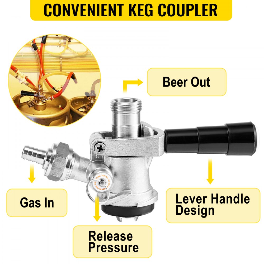 Kit kegerator VEVOR con cómodo acoplador de barril, manija de palanca y liberación de presión.