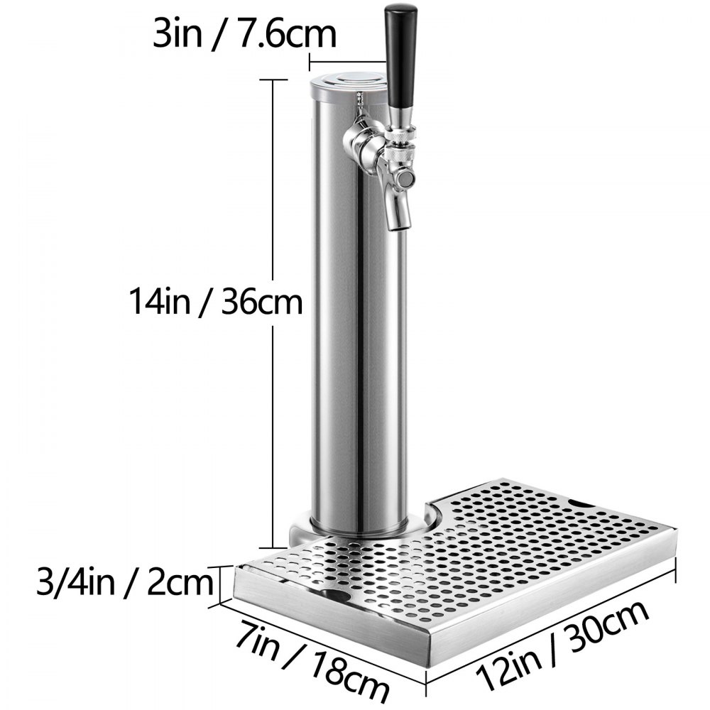 Kit kegerator VEVOR con dimensiones etiquetadas: 3 pulgadas de diámetro, 14 pulgadas de altura, base de 7x12 pulgadas.