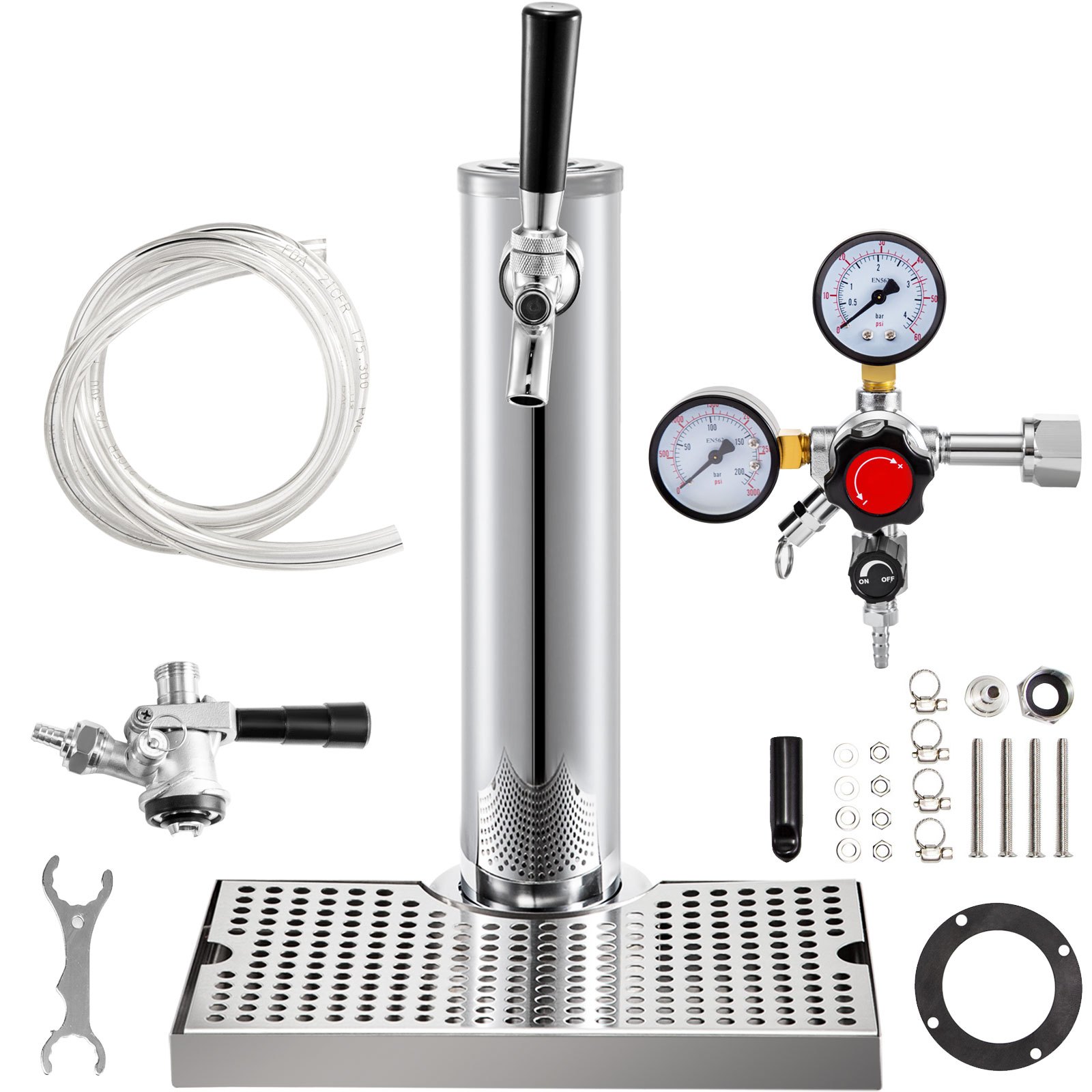 Kit kegerator VEVOR con torre de grifo, regulador de CO2, mangueras y hardware de instalación.