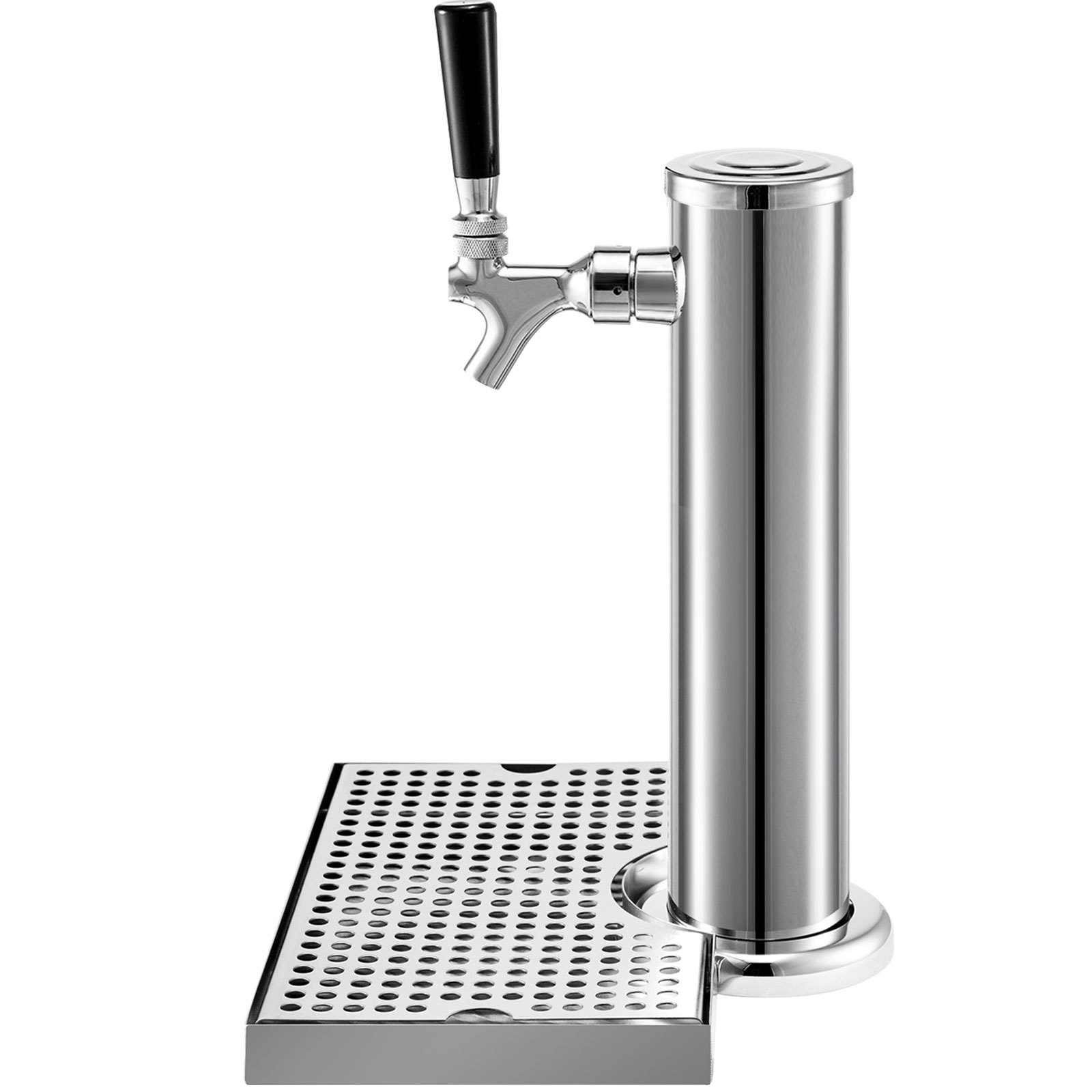 Kit de kegerator VEVOR de acero inoxidable con grifo y bandeja de goteo que se muestra en vista lateral.