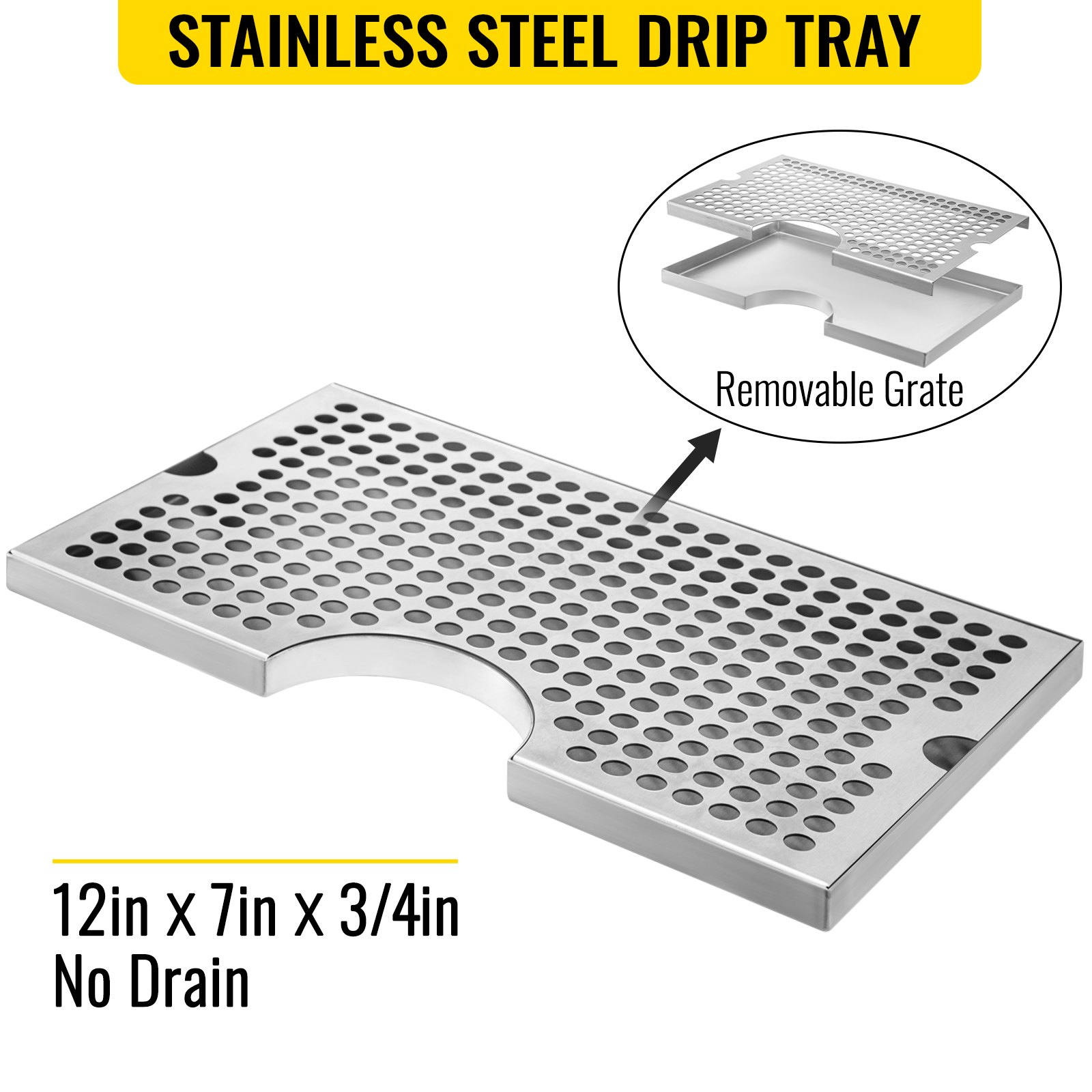 Bandeja de goteo de acero inoxidable para kit kegerator VEVOR, 12 pulgadas x 7 pulgadas x 3/4 pulgadas, sin drenaje.