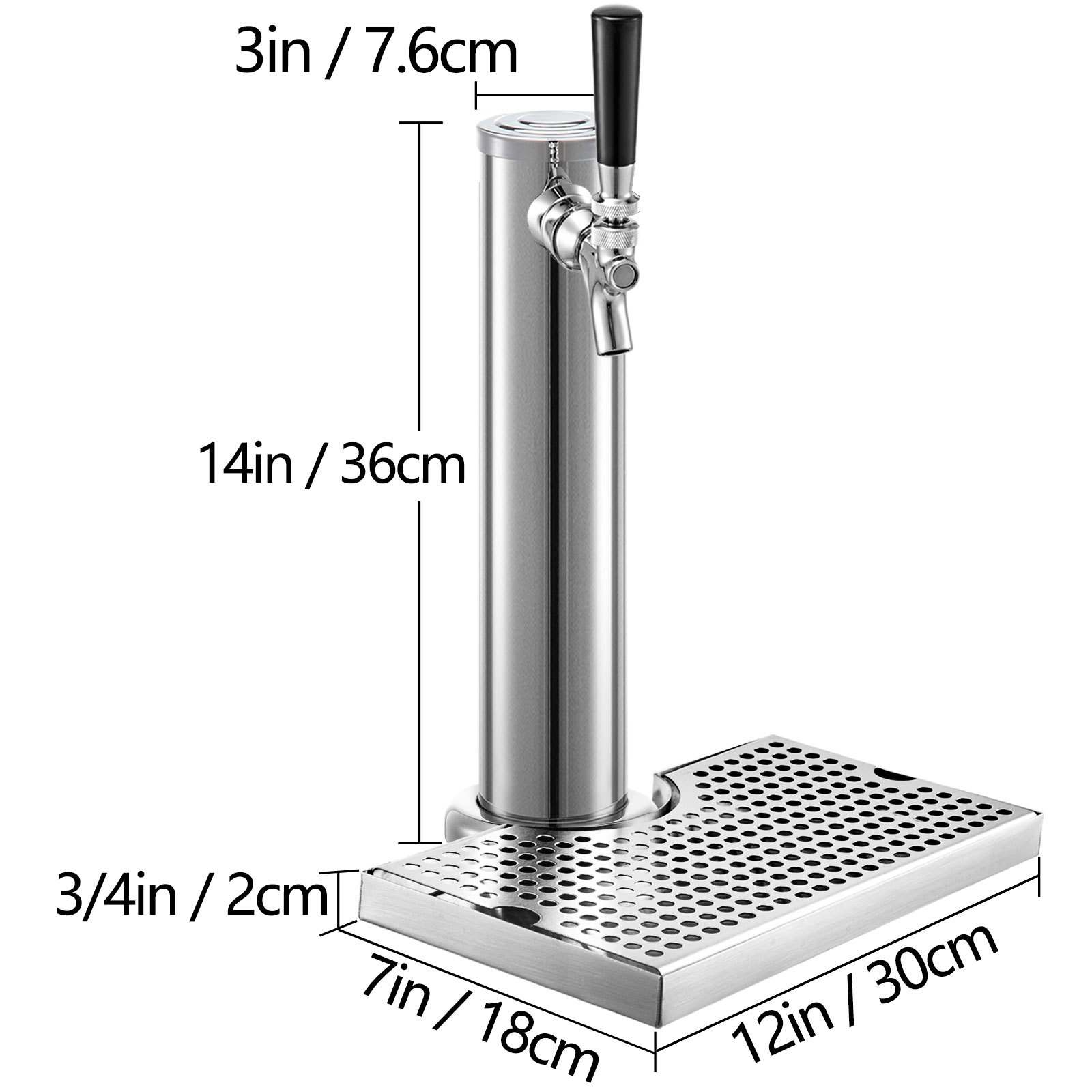 Kit kegerator VEVOR con dimensiones etiquetadas: 3 pulgadas de diámetro, 14 pulgadas de altura, base de 7x12 pulgadas.