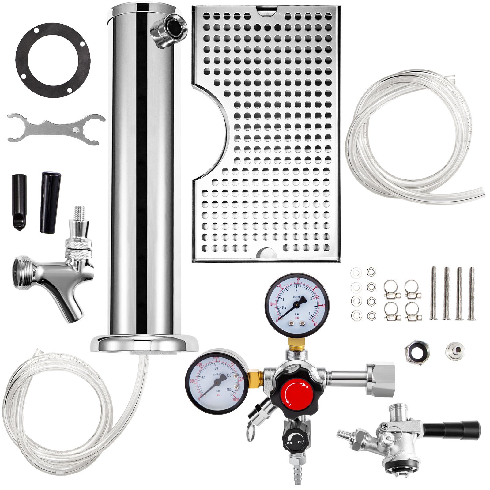 Kit kegerator VEVOR con grifo de cerveza, regulador de CO2, mangueras y bandeja de goteo.