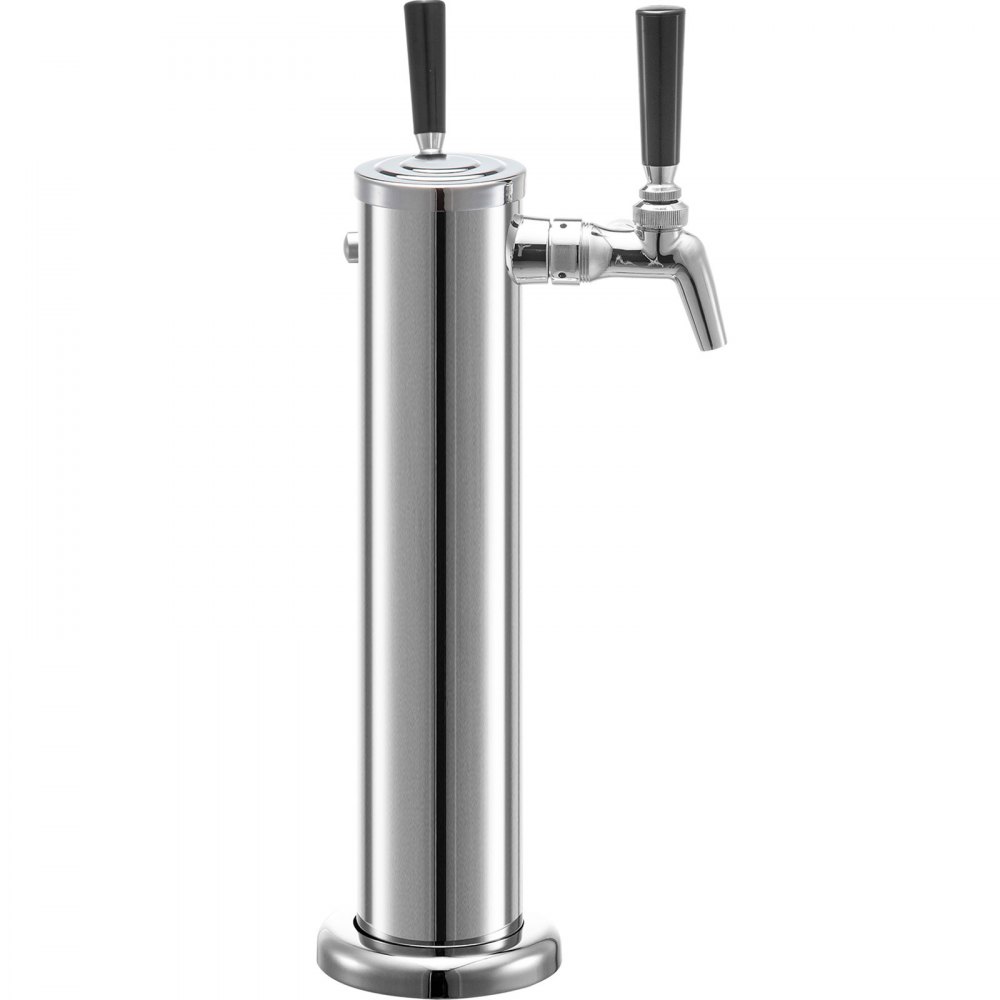 Torre de cerveza VEVOR de acero inoxidable con grifos dobles y manijas negras.