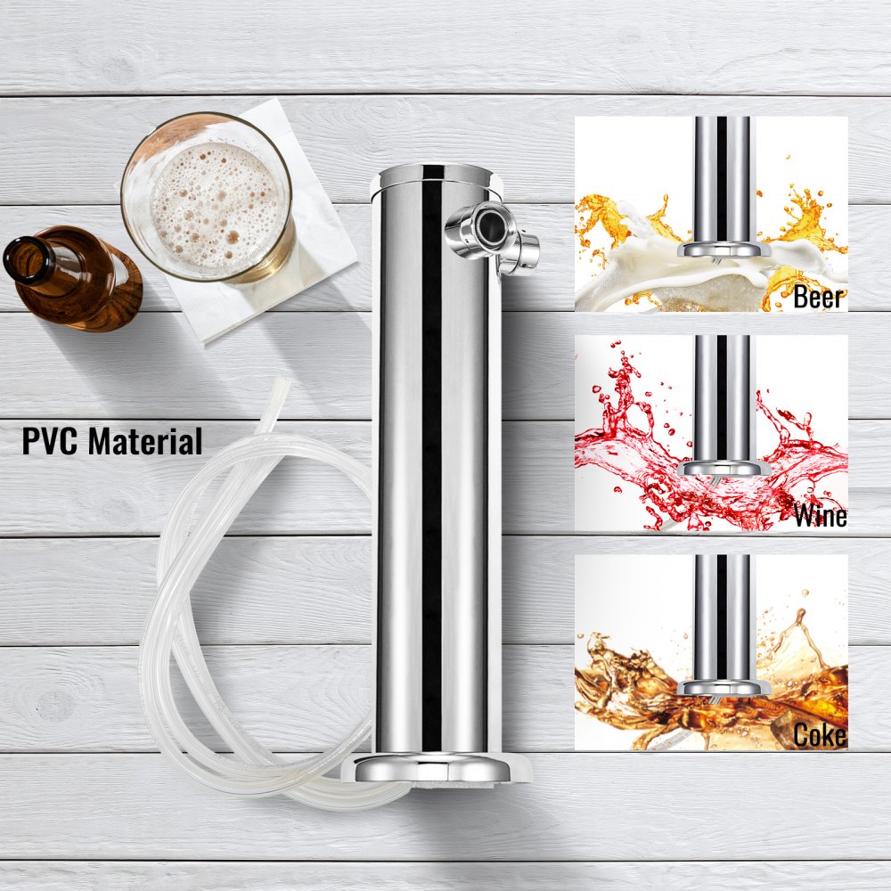 Torre de cerveza VEVOR con material de PVC, que muestra opciones de vertido para cerveza, vino y Coca Cola.