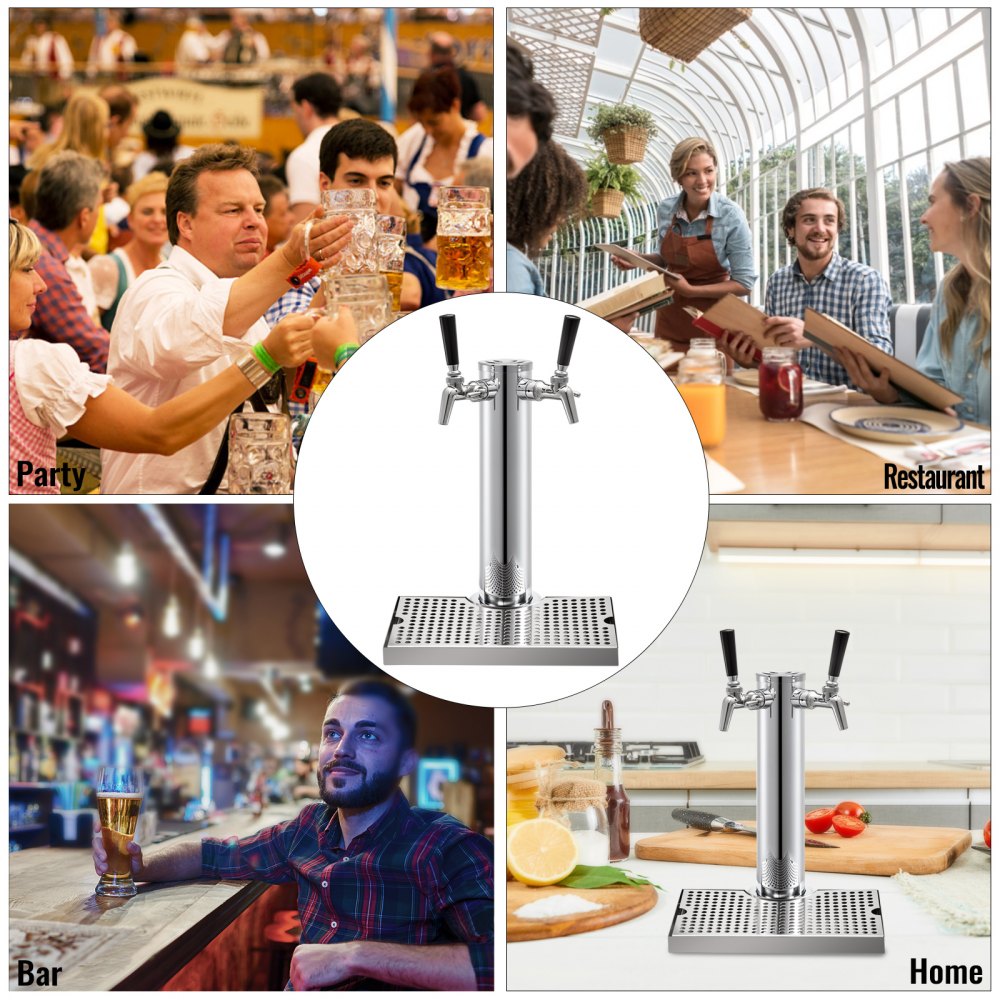 Torre de cerveza VEVOR en varios entornos: fiesta, restaurante, bar y cocina de casa.