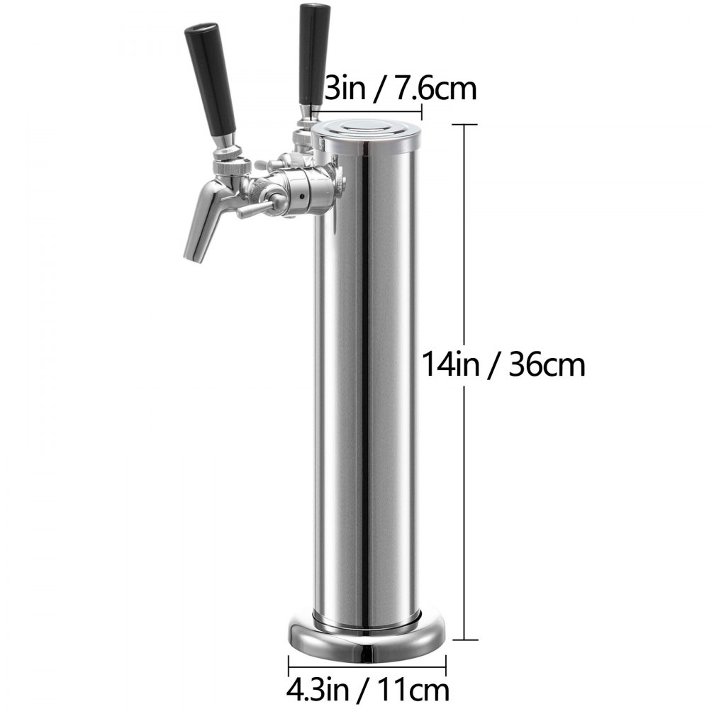 La torre de cerveza VEVOR cuenta con grifos dobles, acabado de acero y dimensiones etiquetadas como 14 pulgadas/36 cm de altura.