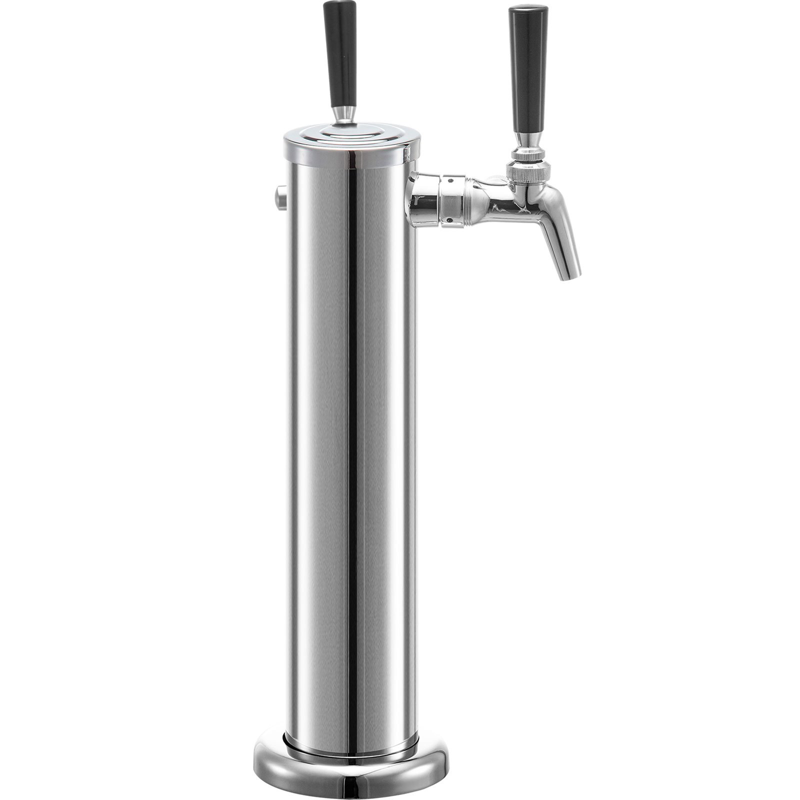 Torre de cerveza VEVOR de acero inoxidable con grifos dobles y manijas negras.