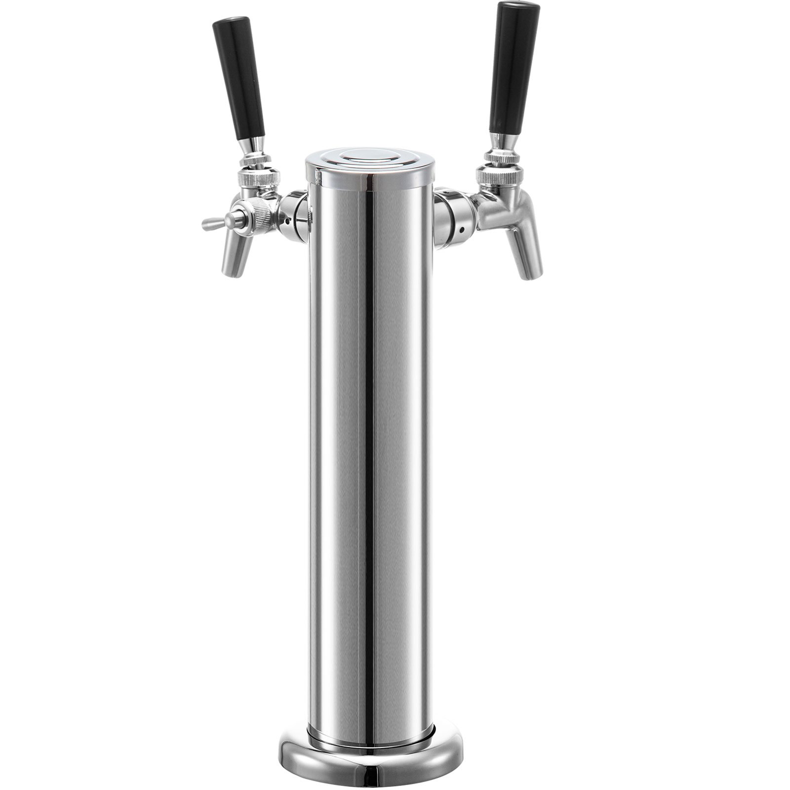 Torre de cerveza VEVOR de acero inoxidable con grifos dobles y manijas negras.