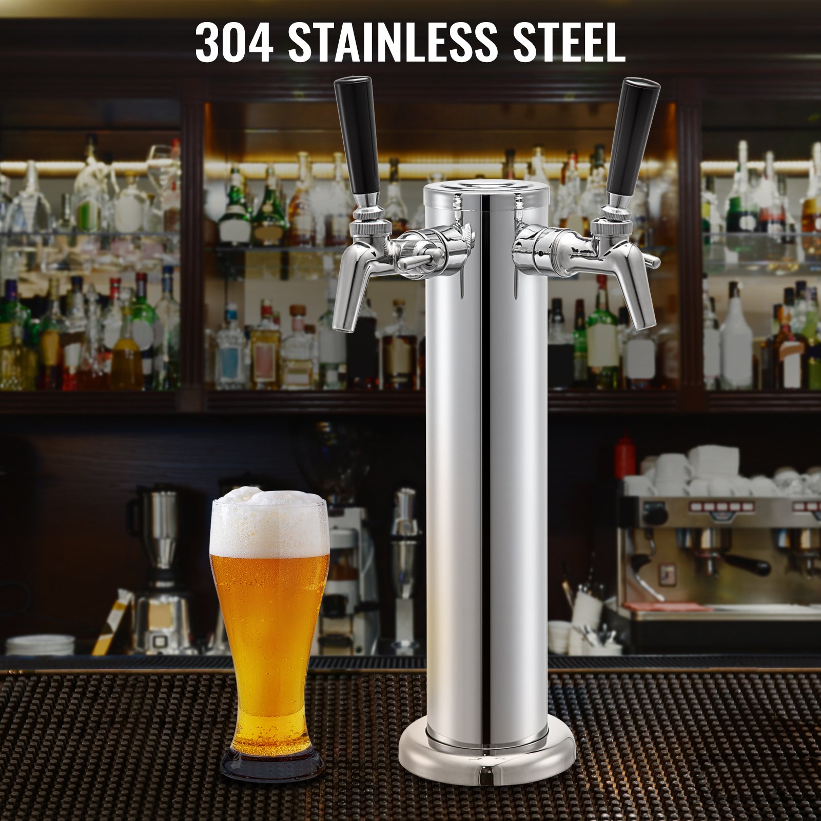 Torre de cerveza VEVOR con dos grifos, acero inoxidable 304, en configuración de bar con un vaso lleno de cerveza.