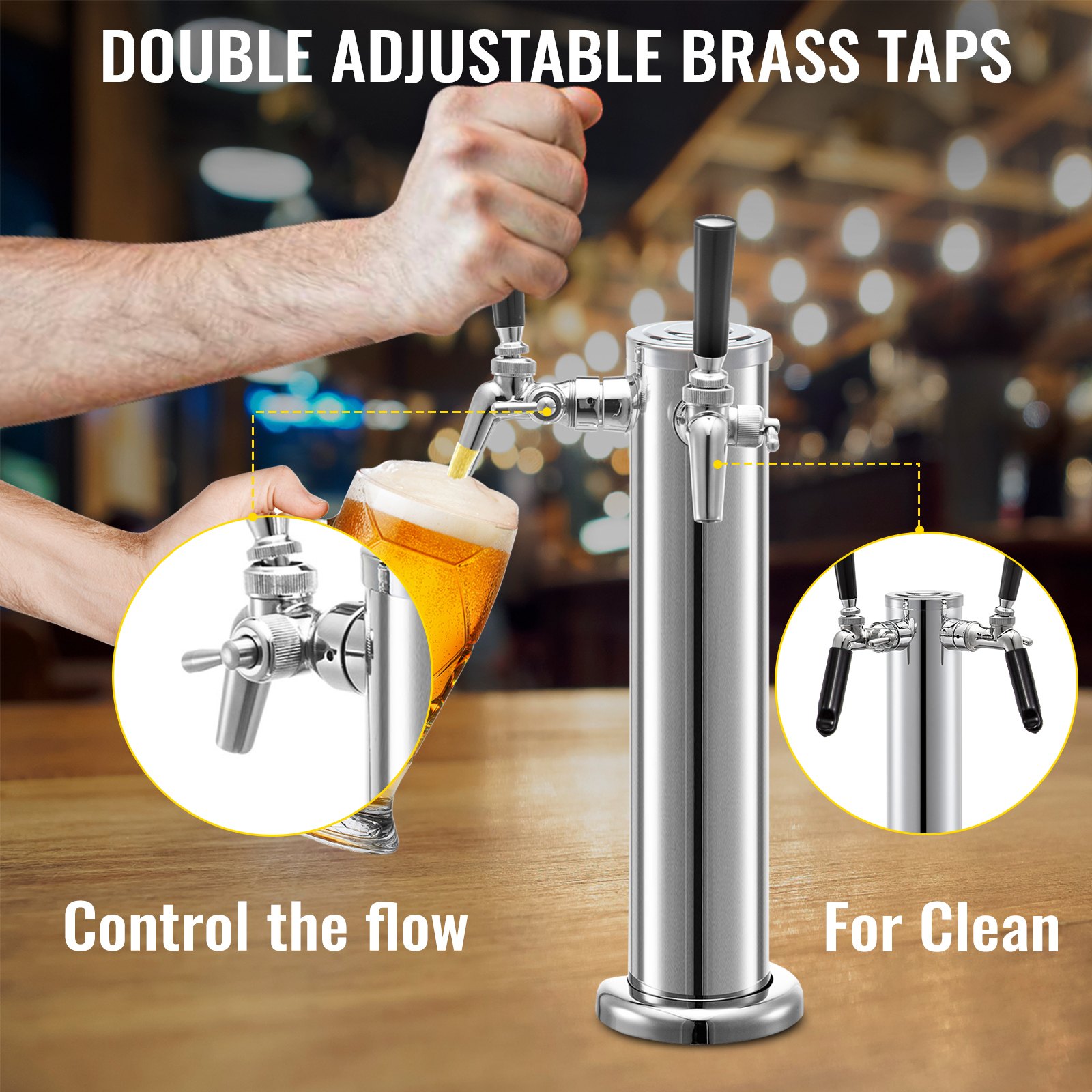Servir cerveza desde la torre de cerveza VEVOR con grifos de latón doblemente ajustables.
