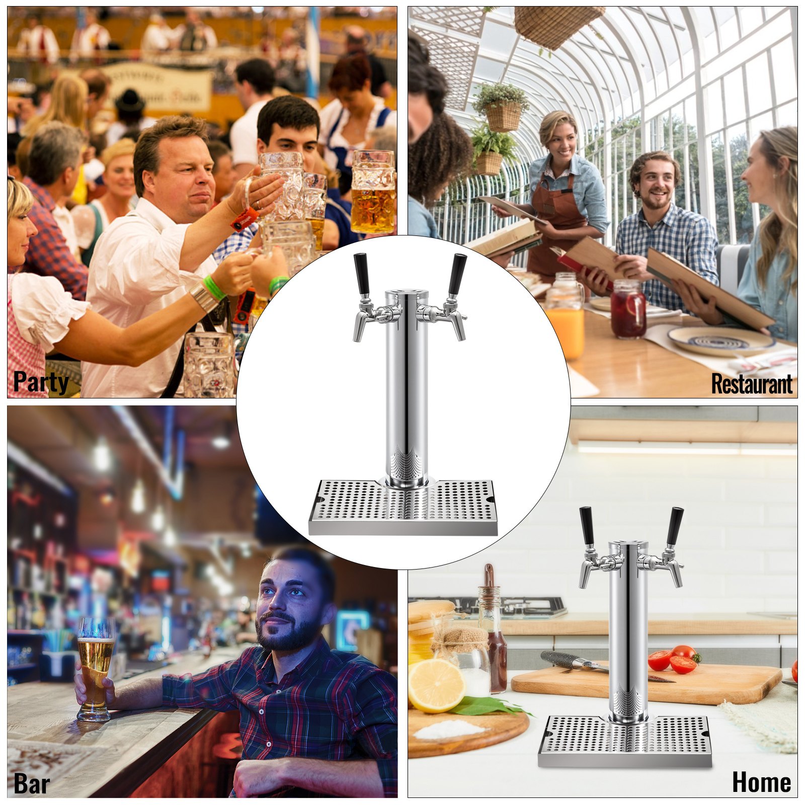 Torre de cerveza VEVOR en varios entornos: fiesta, restaurante, bar y cocina de casa.